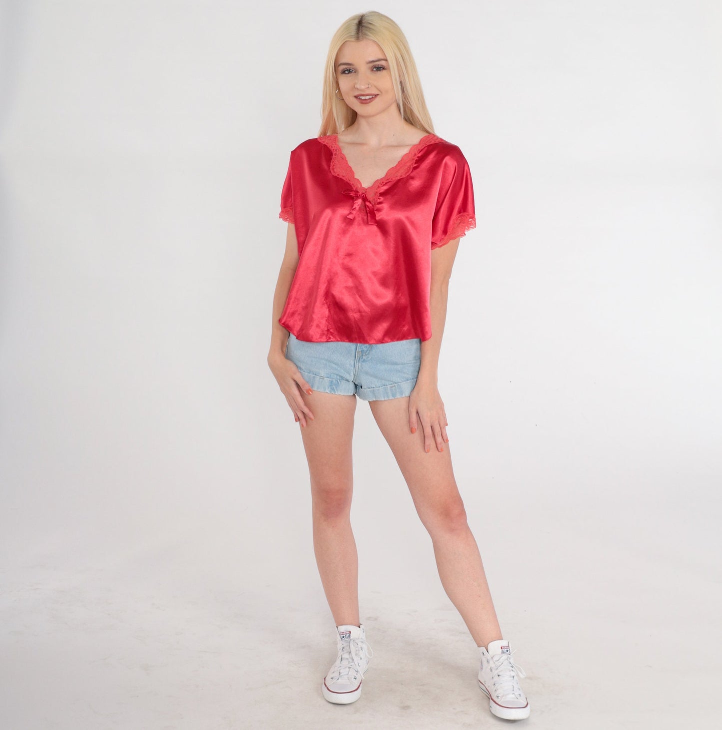 90s Victoria's Secret Red Lace Pajama Top V-Neck Short Sleeve Medium M