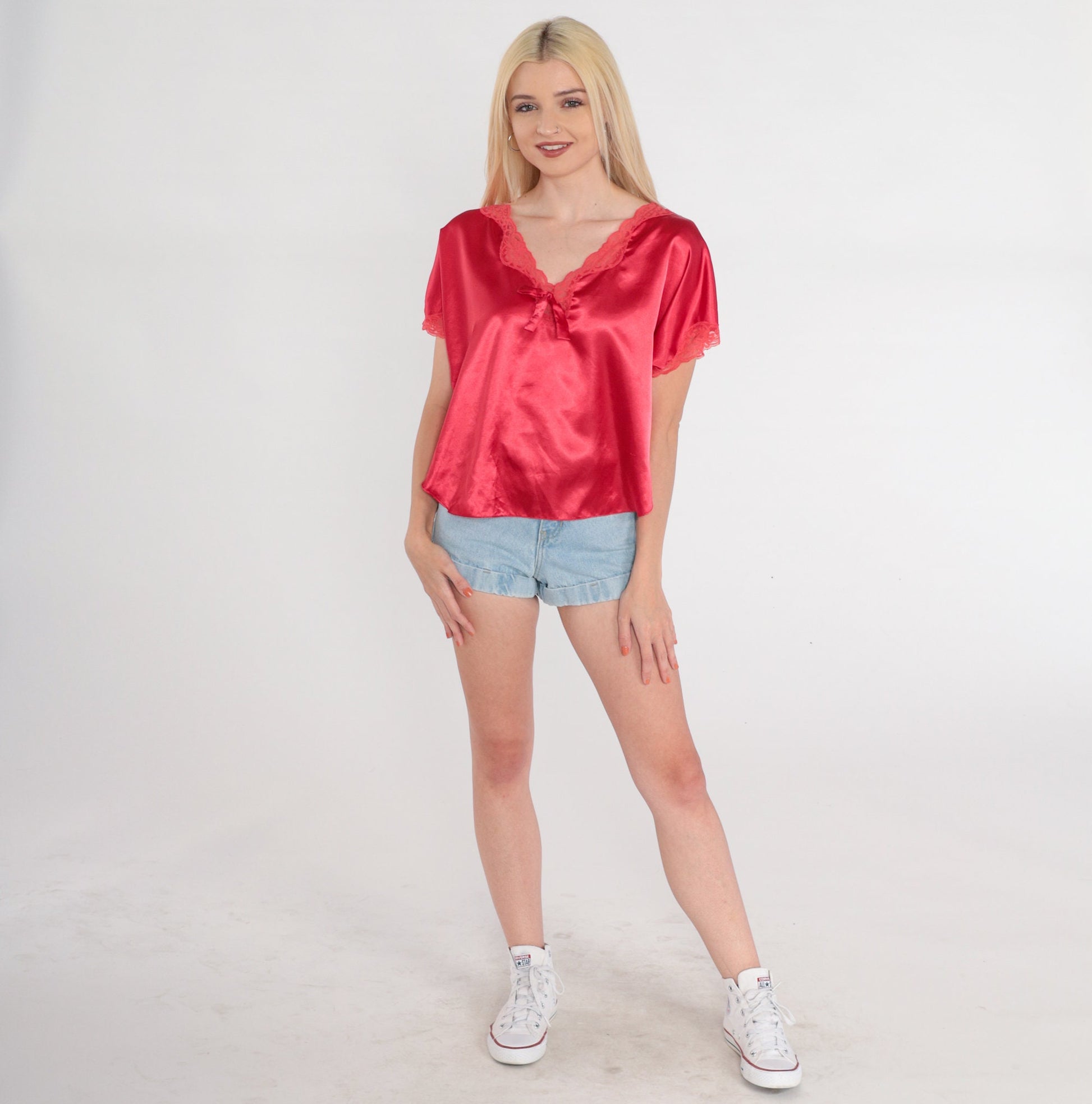 90s Victoria's Secret Red Lace Pajama Top V-Neck Short Sleeve Medium M