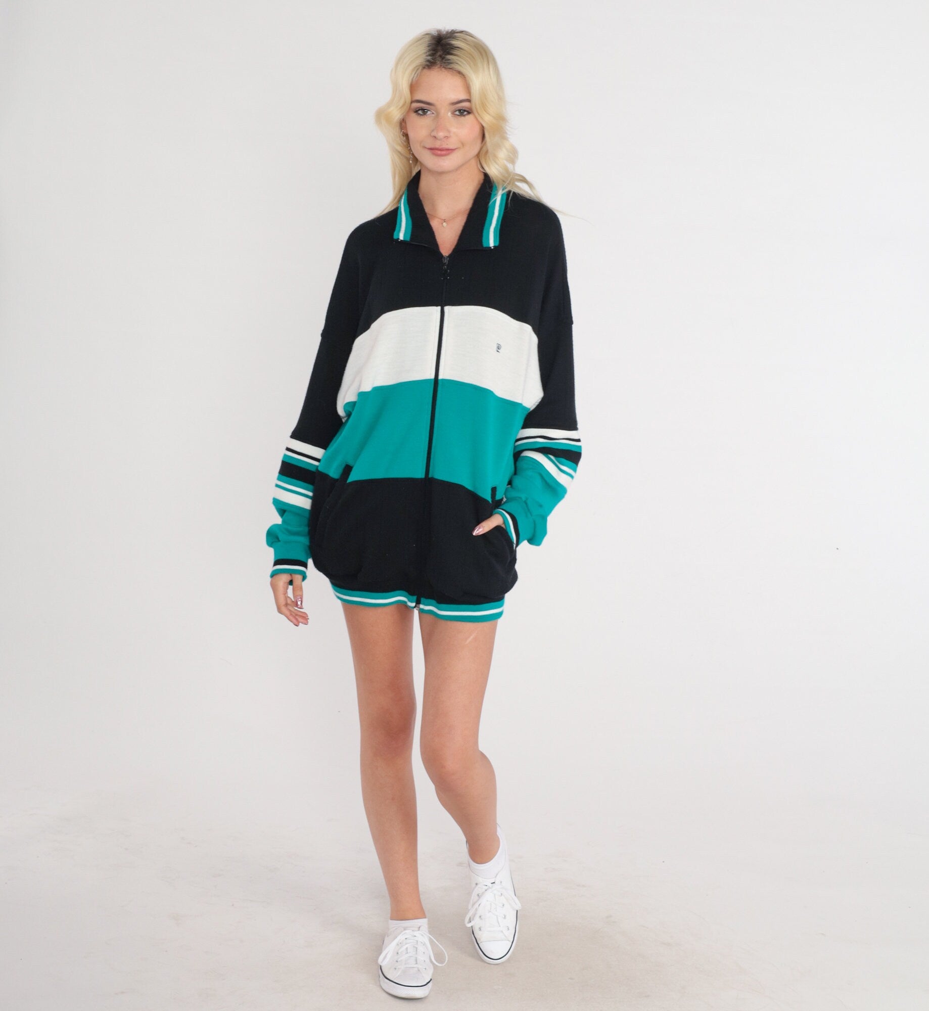 80s Pierre Cardin Track Jacket Striped Zip Up Black White Green Extra Large XXL