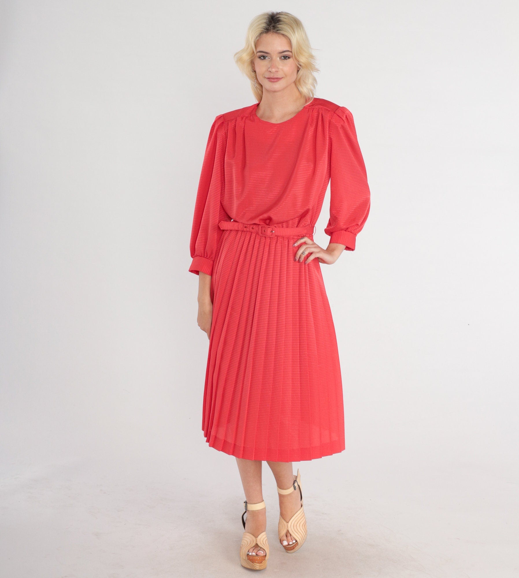 80s Red Diamond Print Midi Dress Puff Sleeve High Waisted Belted Small Medium