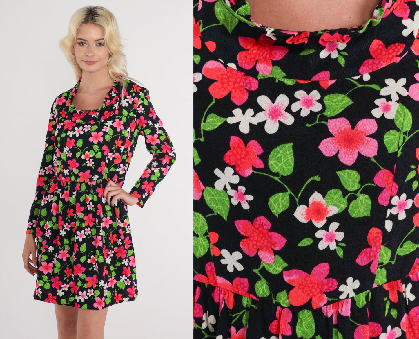 70s Black Floral Mini Dress Long Sleeve Ruffled Neck High Waisted Medium