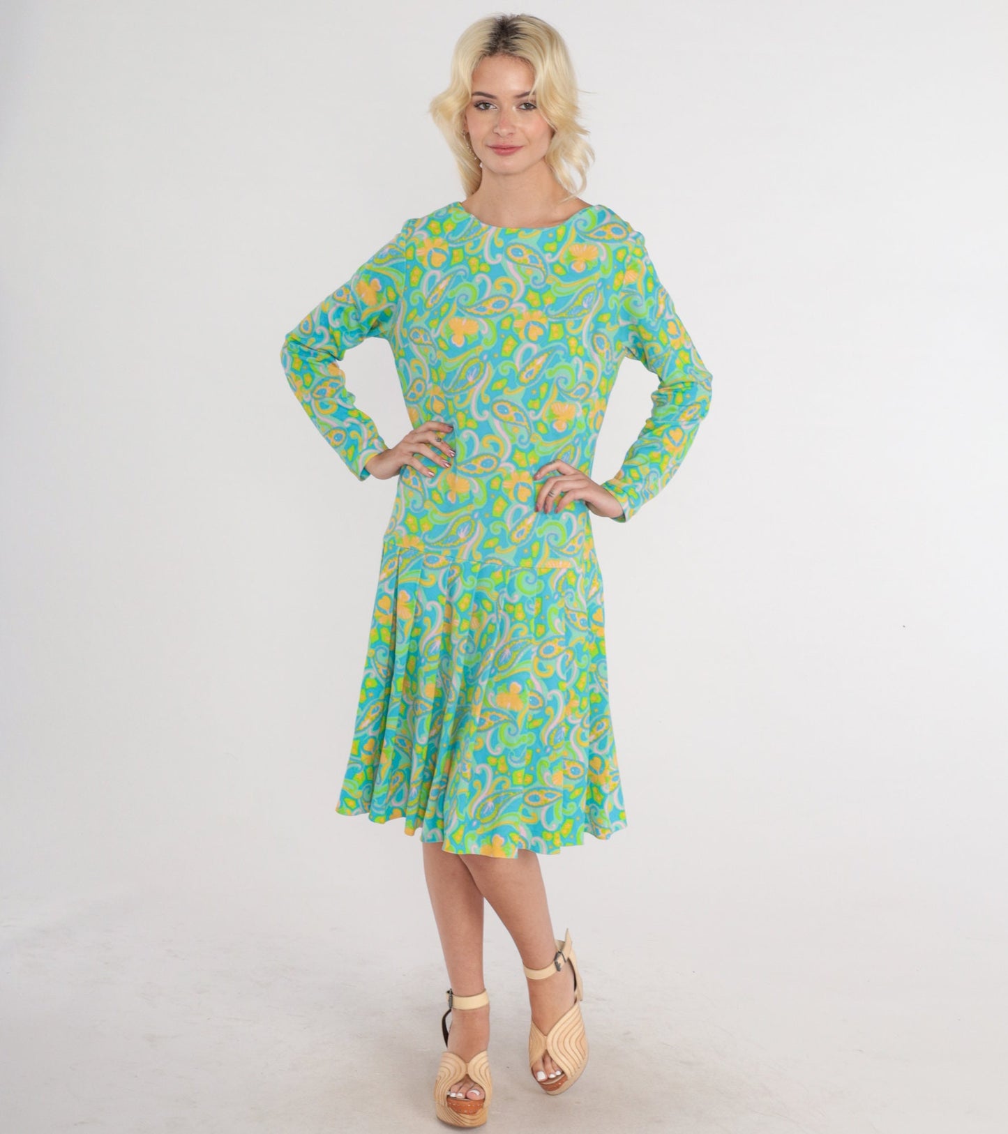 70s Green Paisley Midi Dress Long Sleeve Drop Waist Pleated Large L