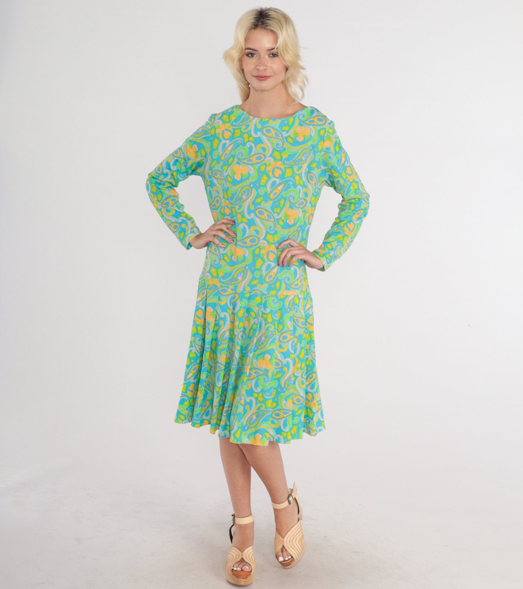 70s Green Paisley Midi Dress Long Sleeve Drop Waist Pleated Large L