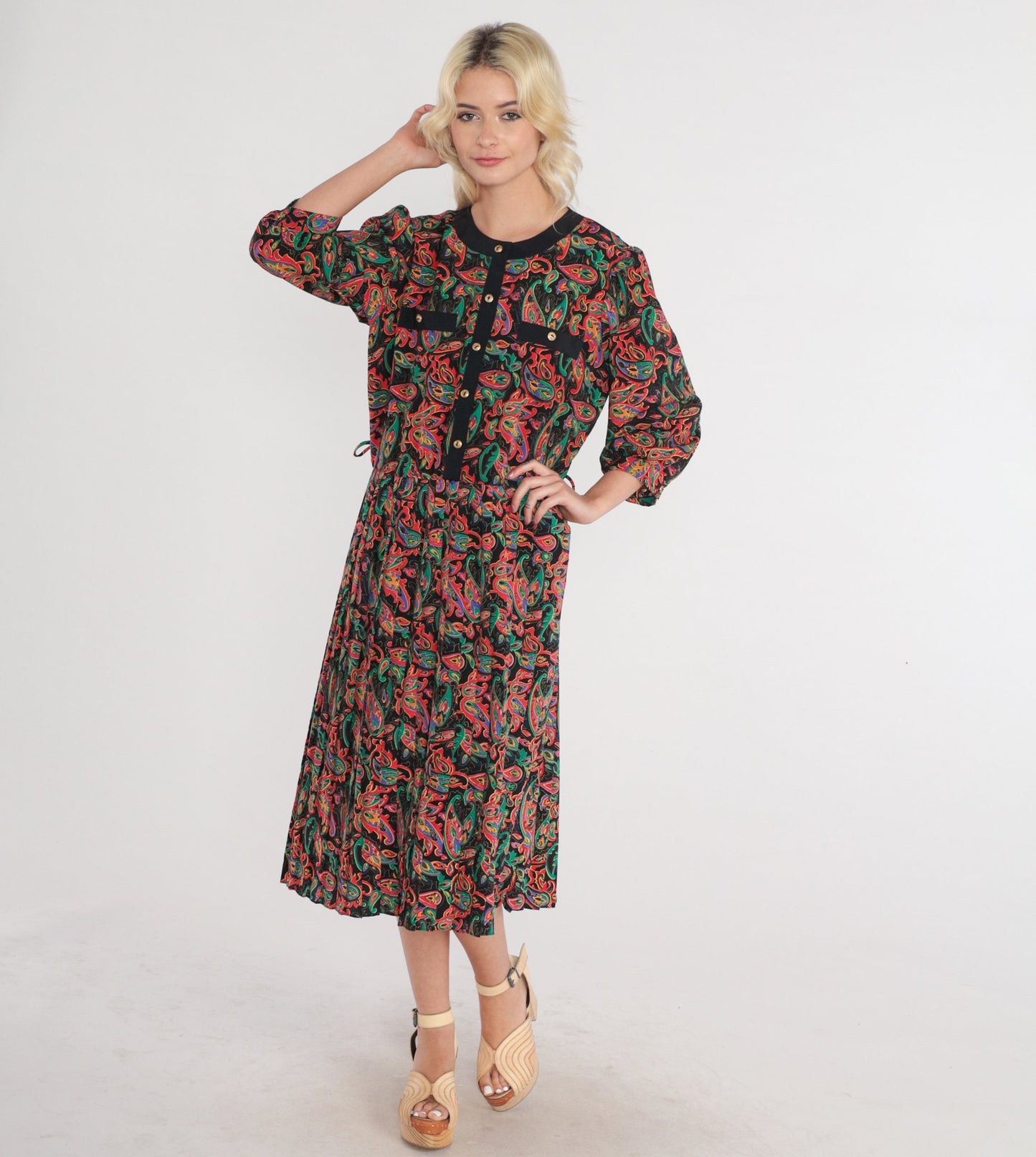 80s Black Paisley Midi Dress Puff Sleeve Button-Up Shirtwaist Medium M