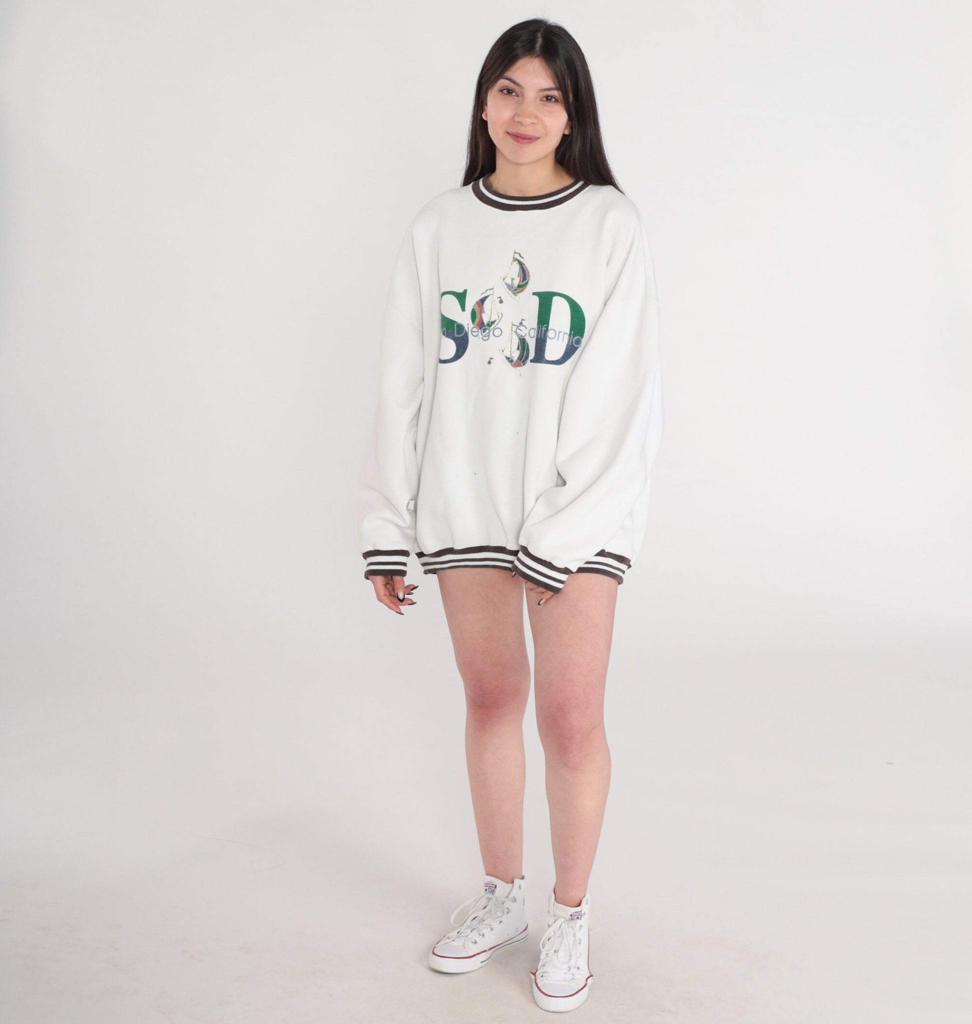 90s San Diego Sailboat Sweatshirt White Brown Graphic Ringer Neck XXL