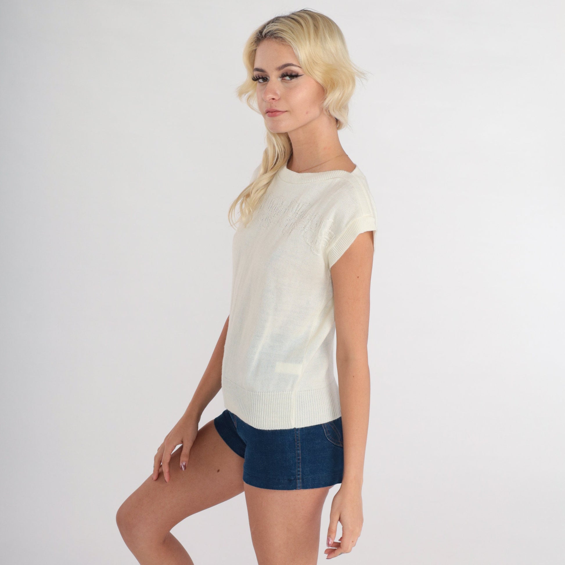 80s White Floral Knit Sweater Cap Sleeve Blouse Small S