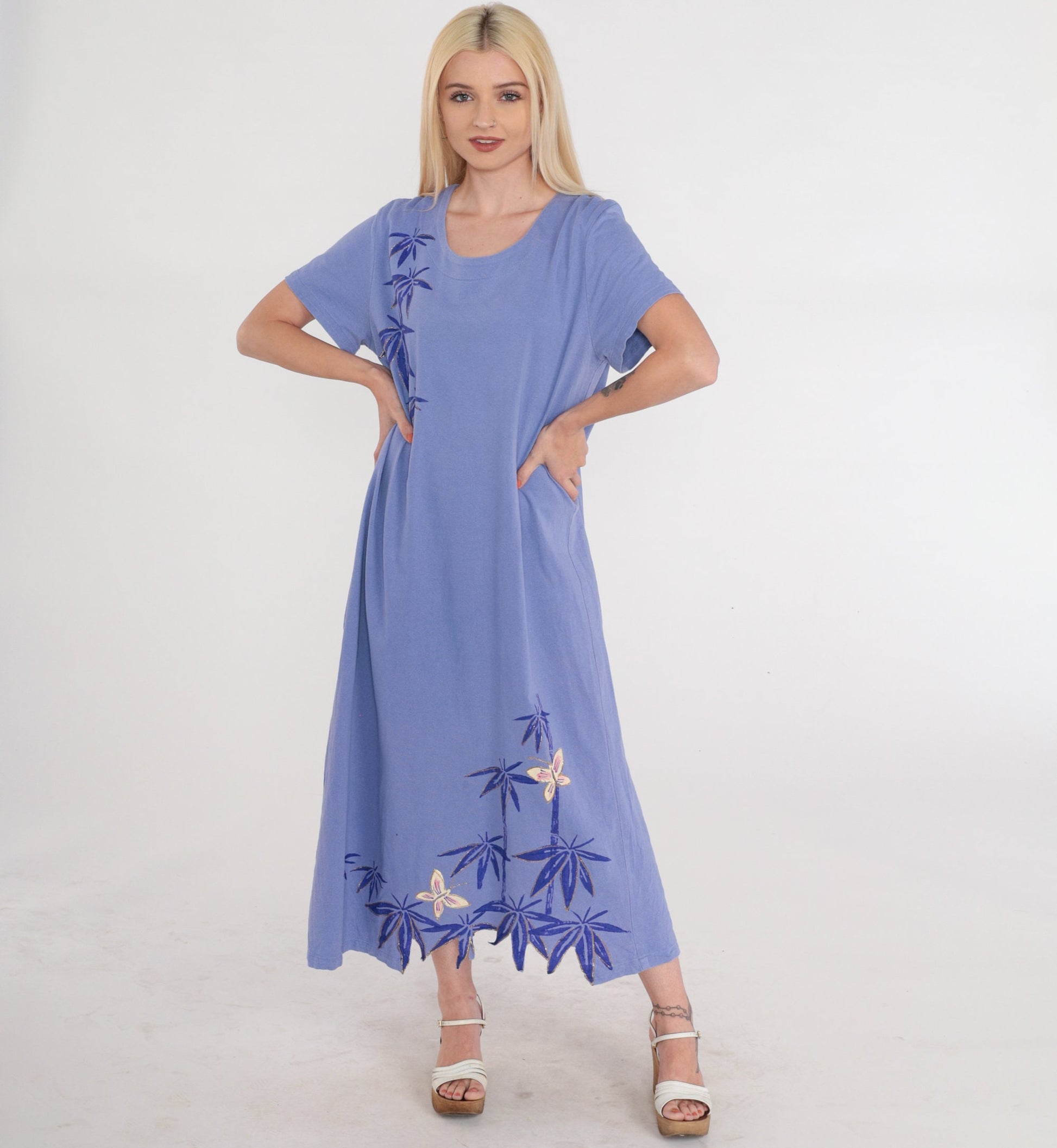 90s Purple Butterfly Bamboo Leaf Midi Dress Glitter Print Short Sleeve Large L