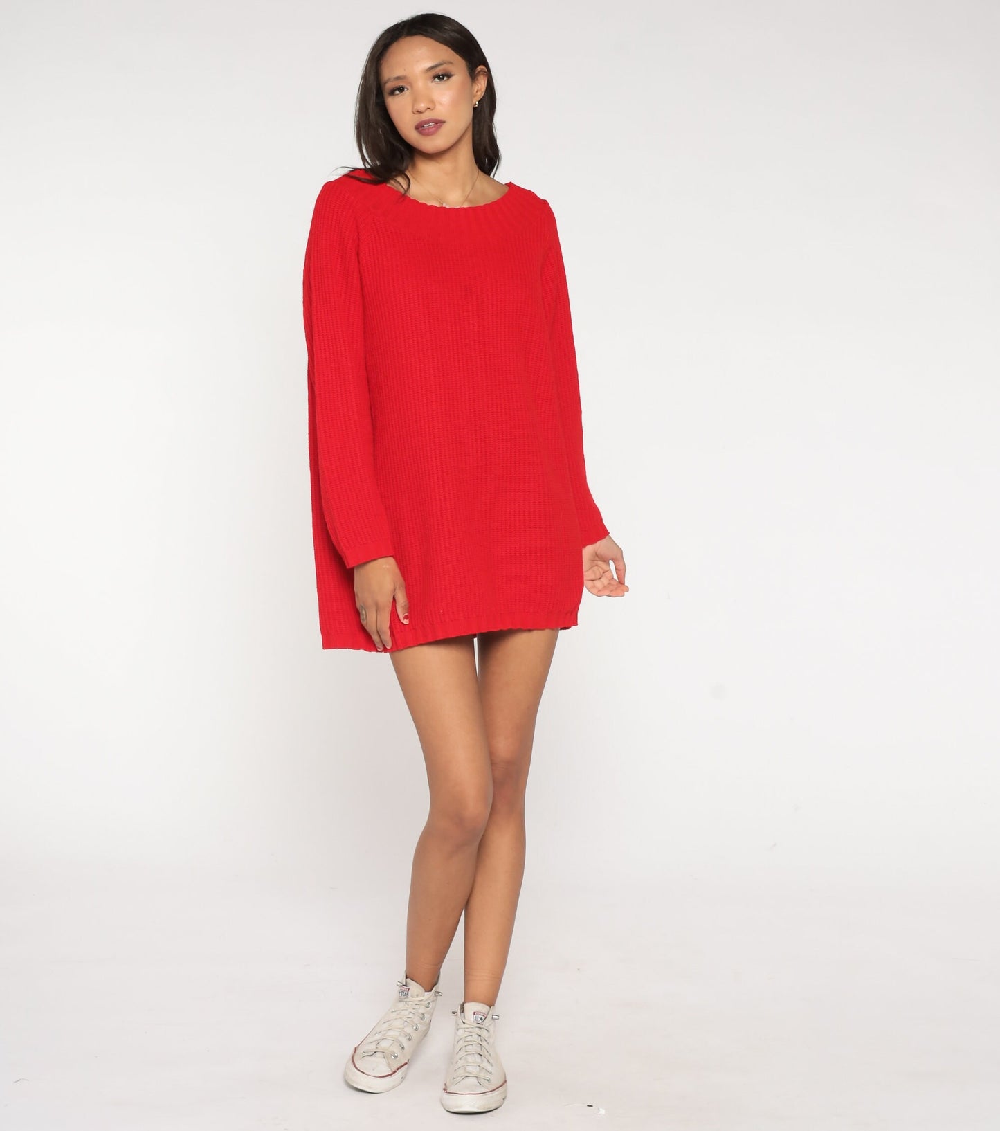 80s Red Ribbed Knit Sweater Wide Neckline Slouchy Pullover Large L