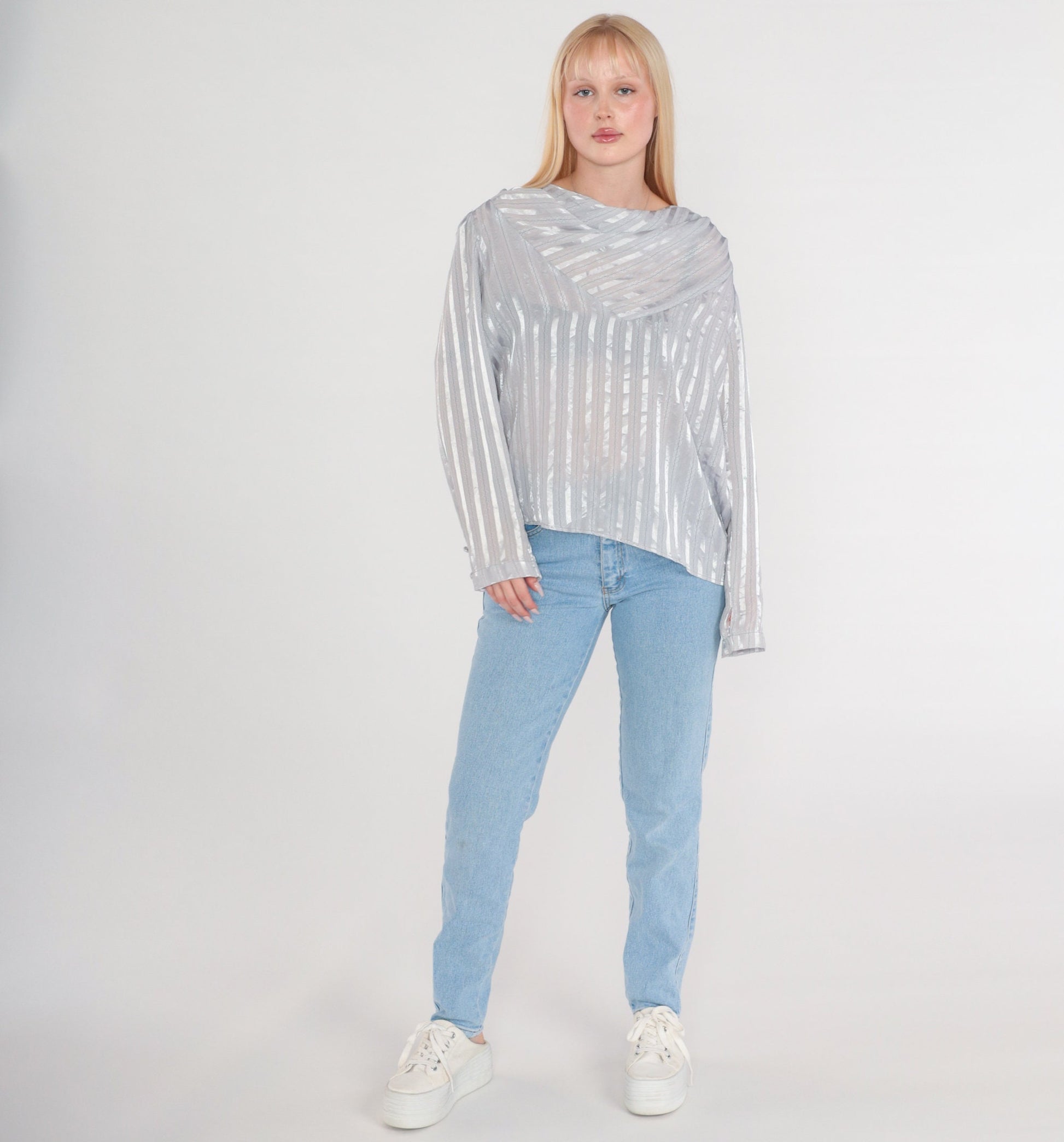 80s Metallic Silver Striped Cowl Neck Blouse Long Sleeve Semi-Sheer Large L