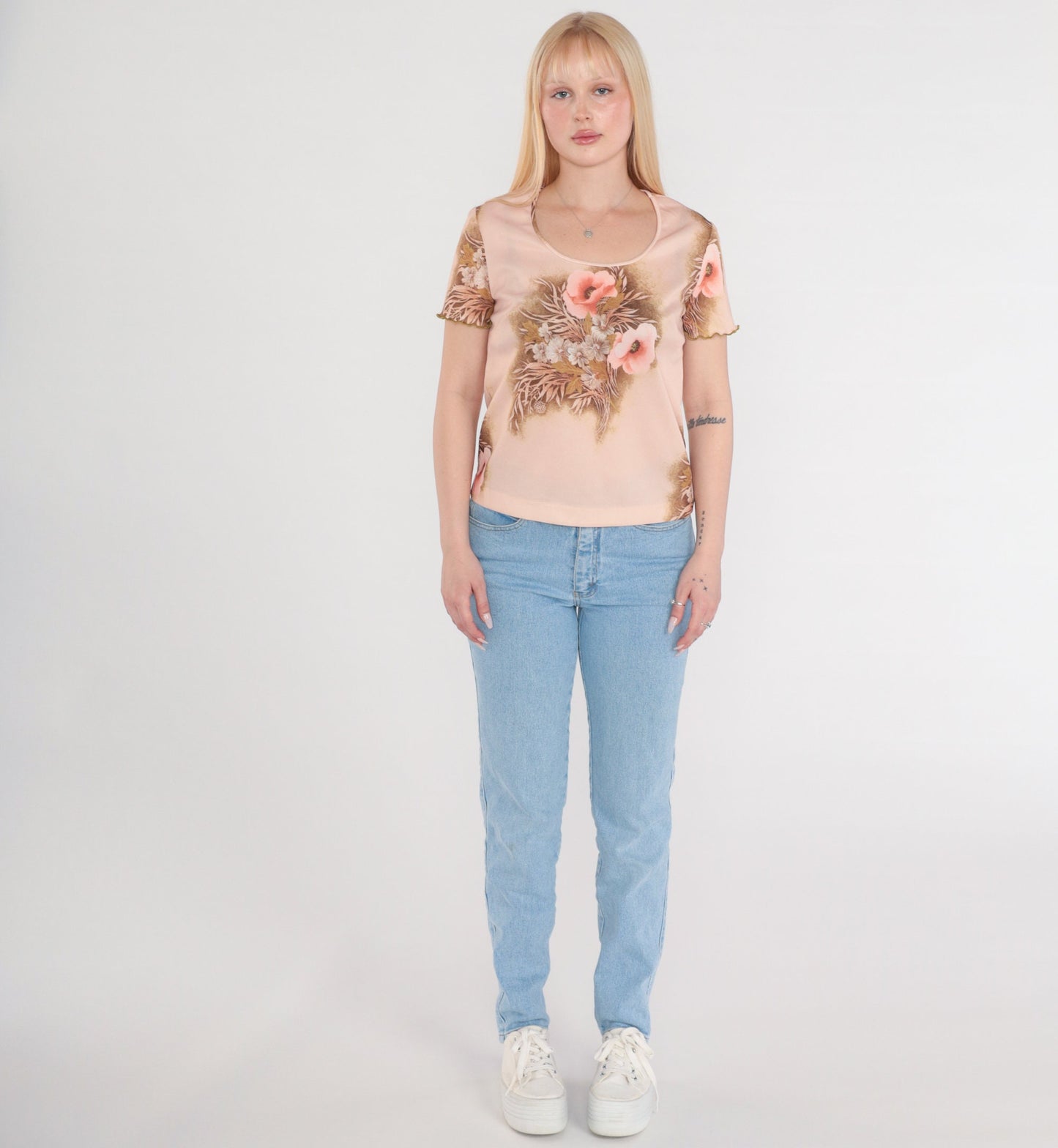 70s Pink Floral Graphic Tee Scoop Neck Lettuce Edge Short Sleeve Small