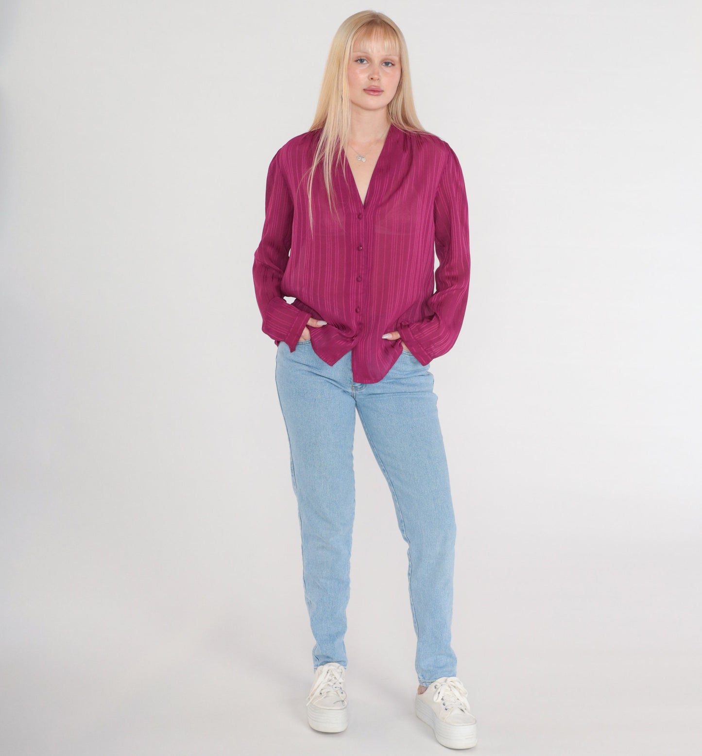 80s Purple Striped Semi-Sheer Blouse V-Neck Button-Up Long Sleeve Medium