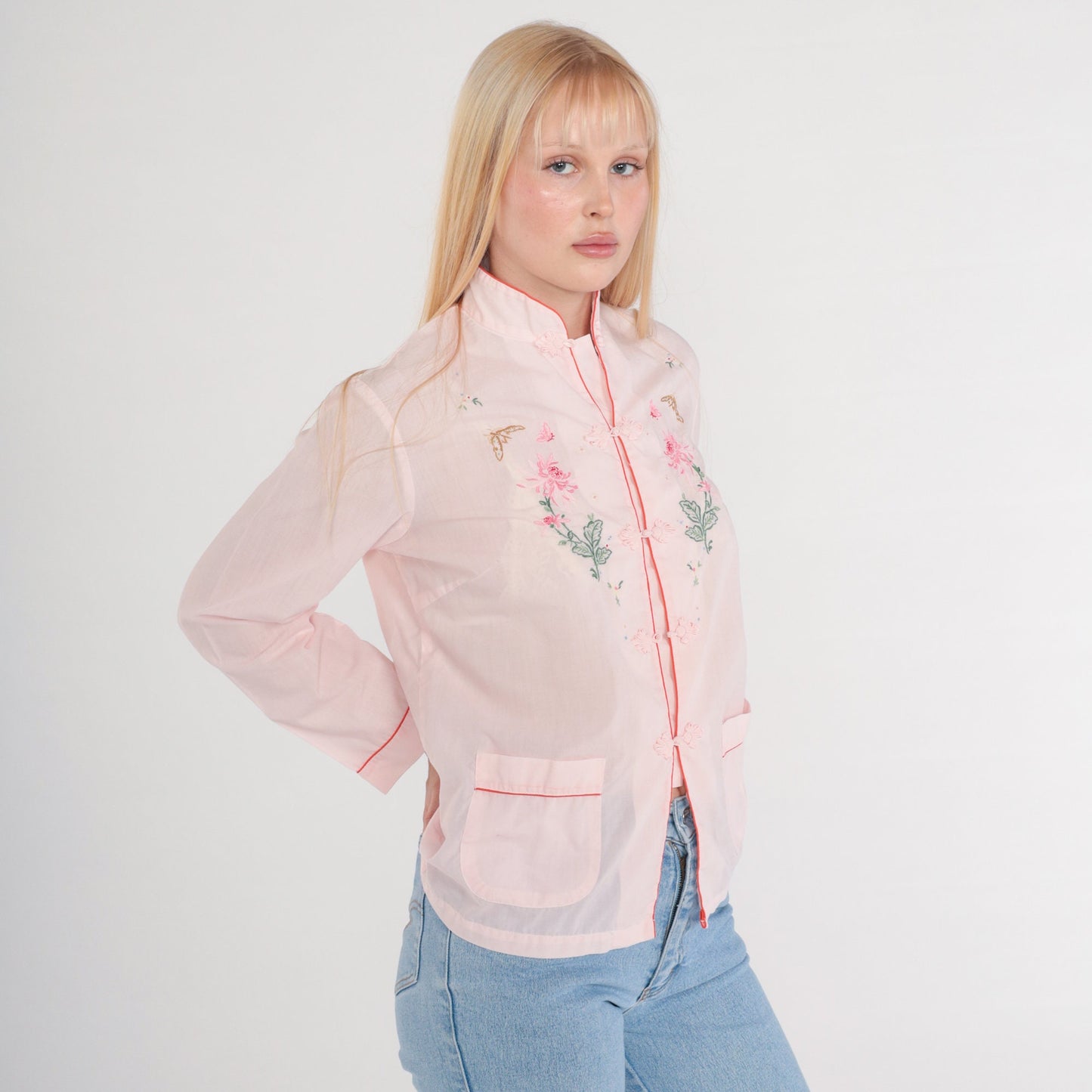 80s Baby Pink Mandarin Collar Blouse Butterfly Floral Embroidered Frog Button Small