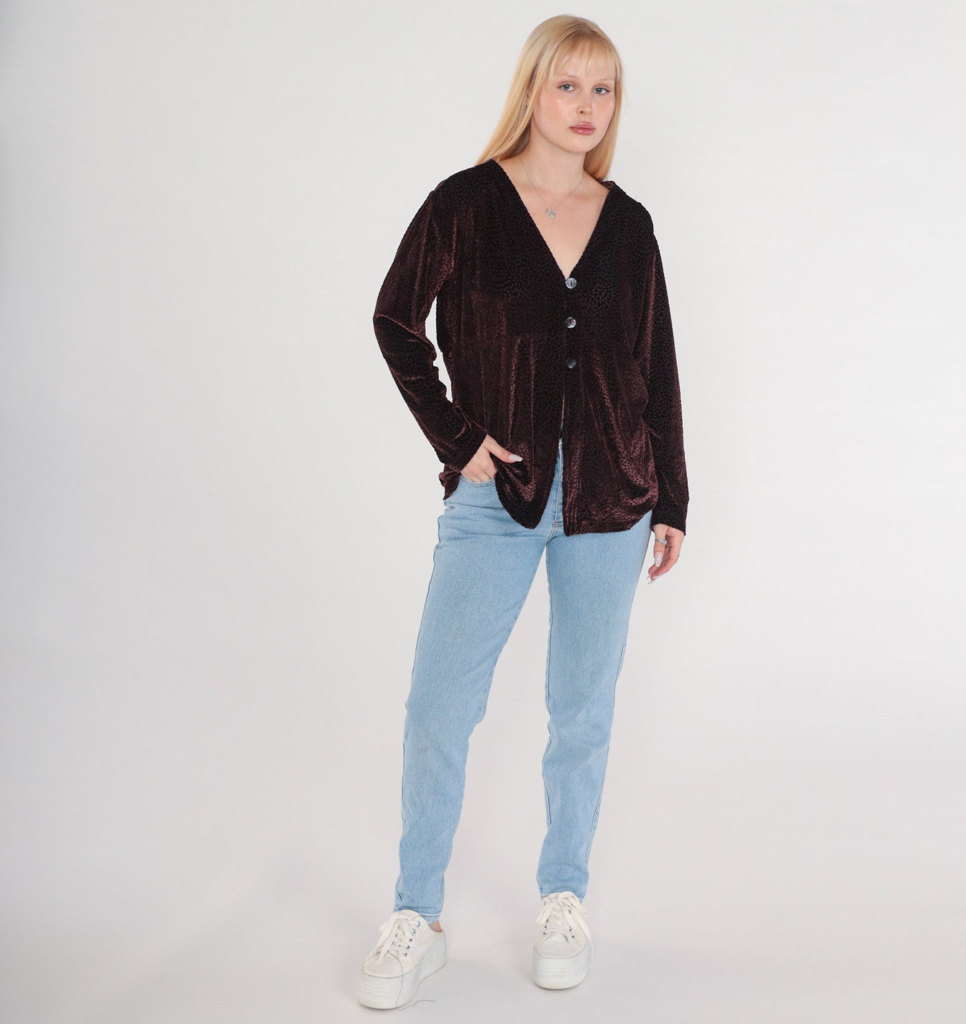 Y2K Wine Velvet Burnout Blouse Leopard Print Button-Up Long Sleeve V-Neck Extra Small