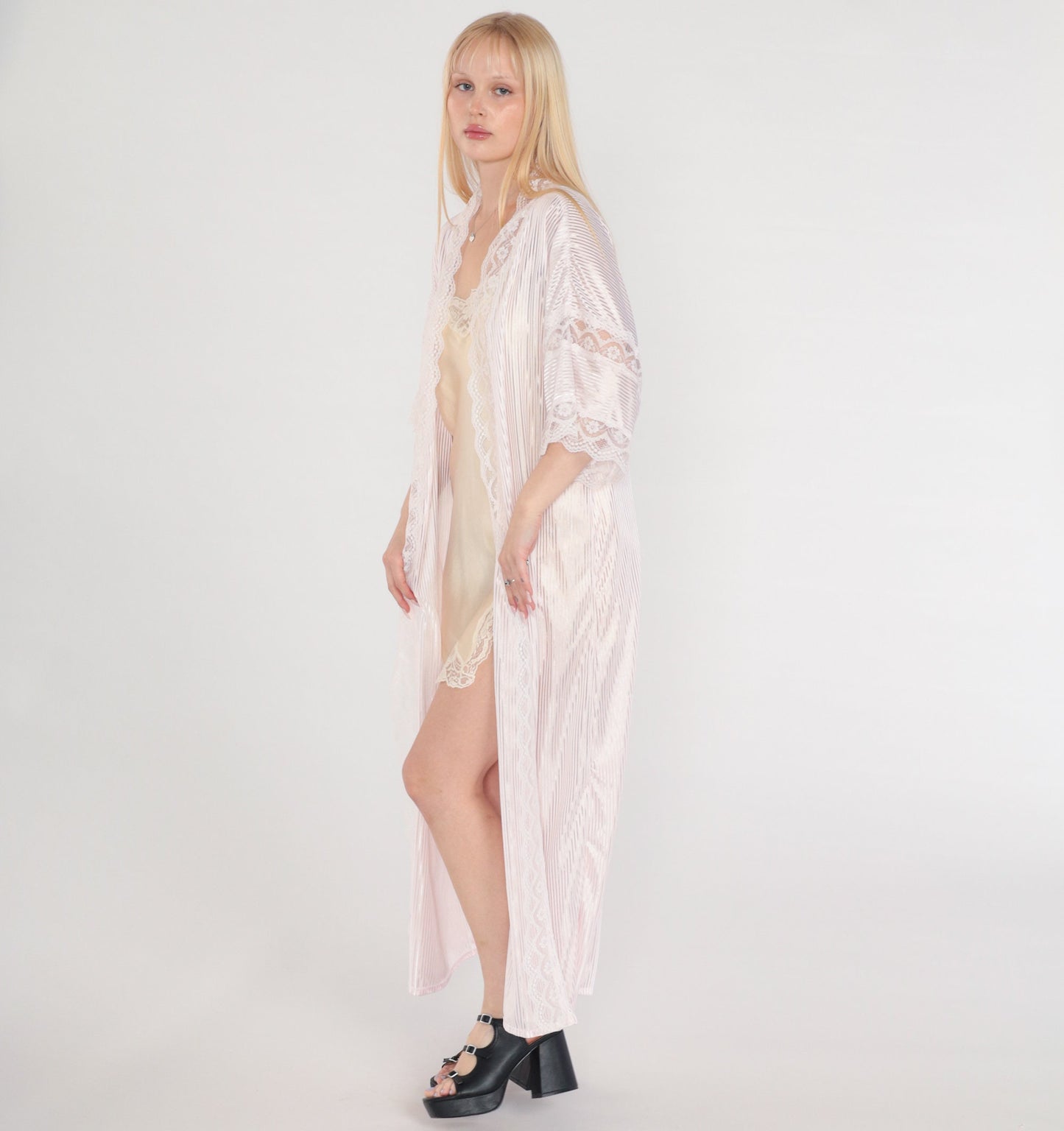 80s Fredricks of Hollywood Pink Lace Maxi Robe Semi-Sheer Open Front Medium