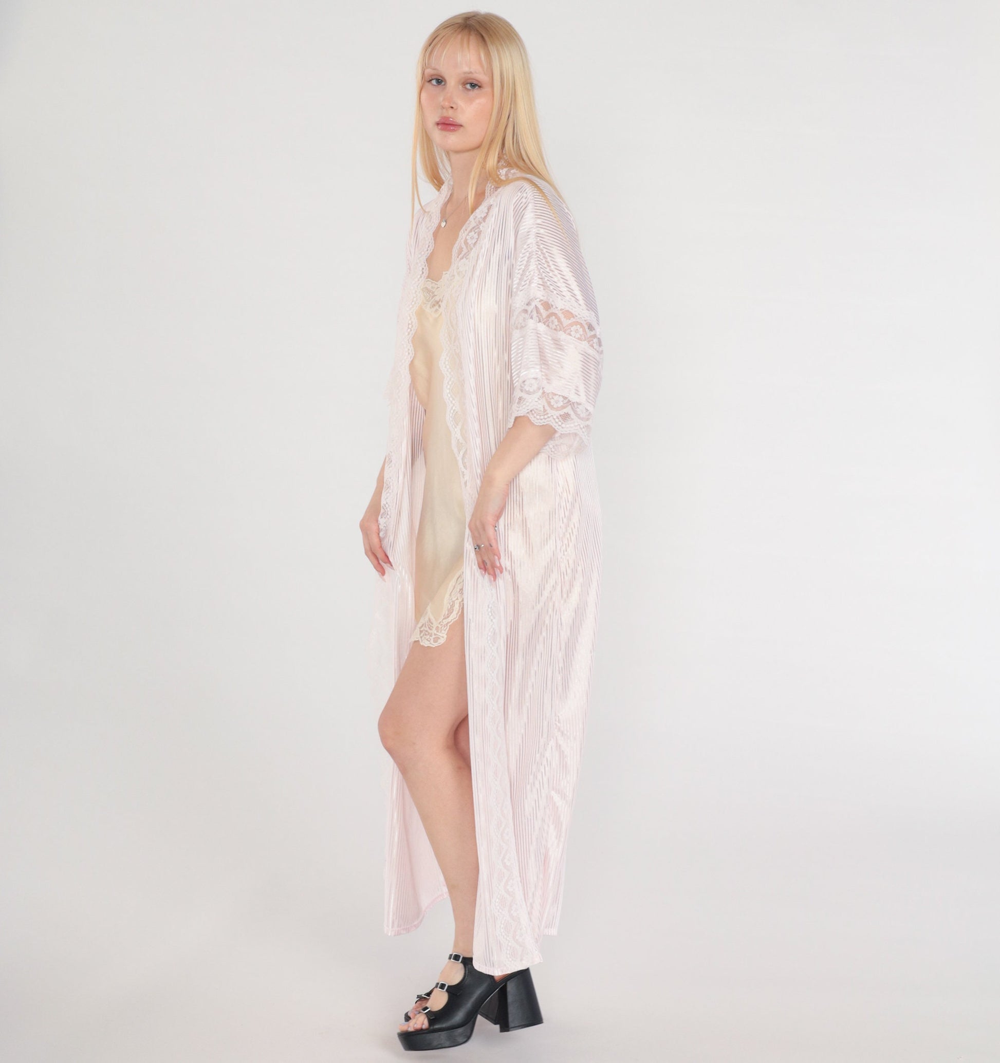 80s Fredricks of Hollywood Pink Lace Maxi Robe Semi-Sheer Open Front Medium