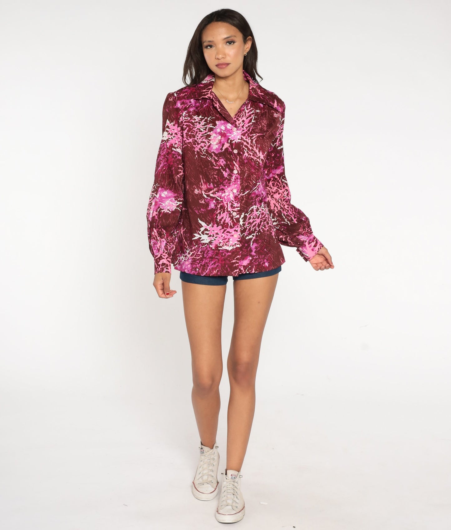 70s Burgundy Abstract Button-Up Blouse Dagger Collar Disco Shirt Extra Large