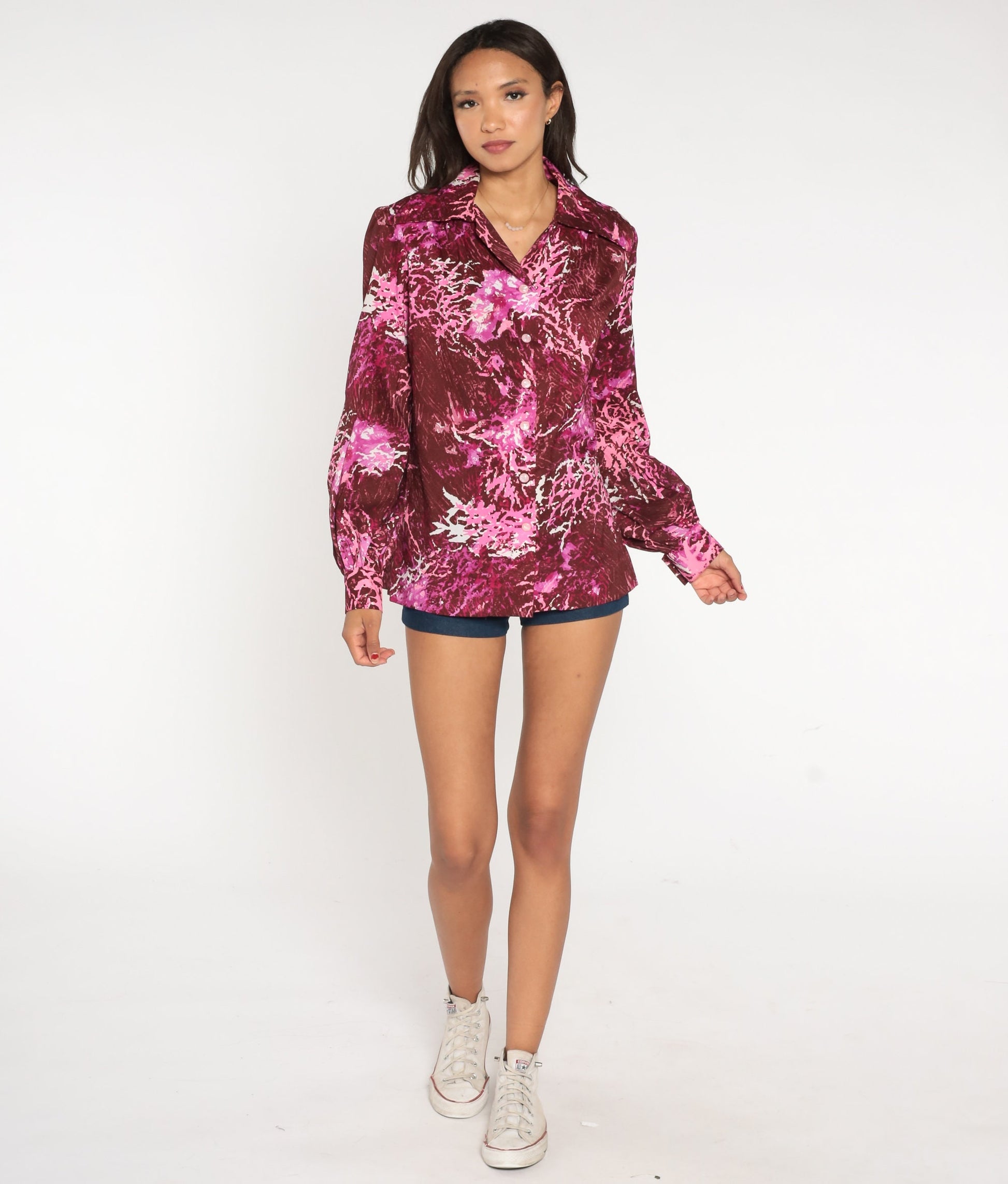 70s Burgundy Abstract Button-Up Blouse Dagger Collar Disco Shirt Extra Large