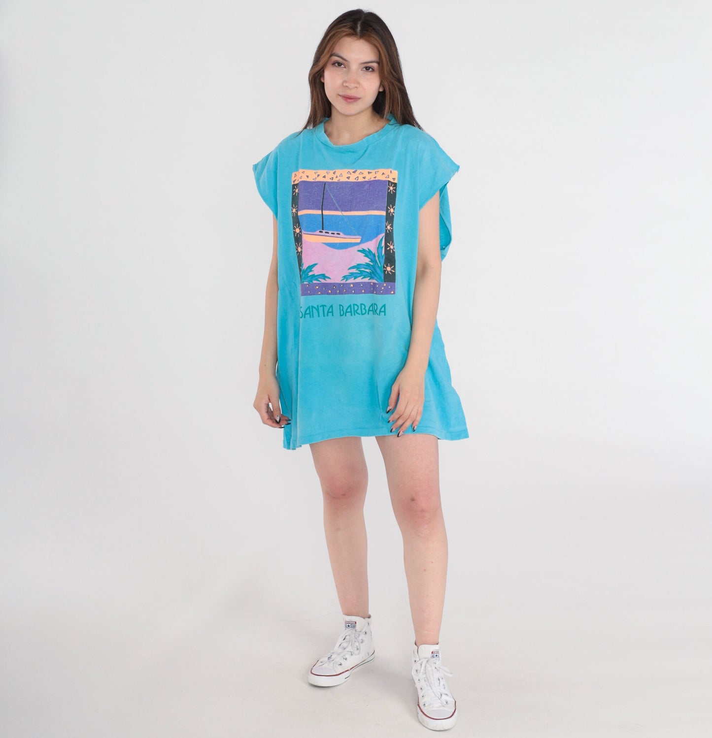 90s Santa Barbara Graphic Muscle Tank Turquoise Cotton Single Stitch Extra Large XL