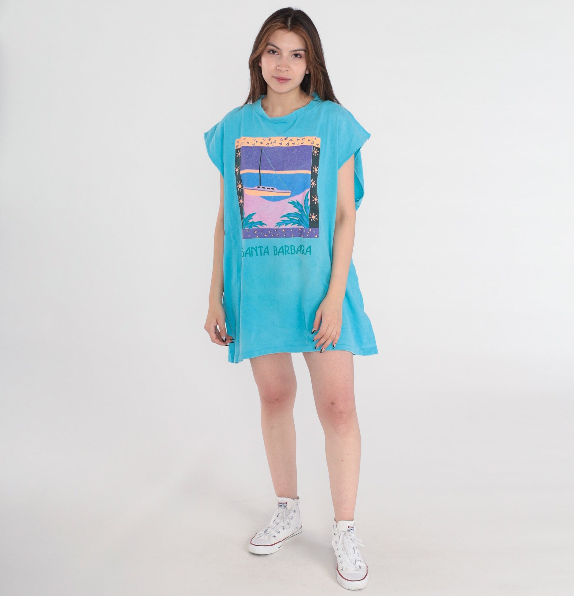 90s Santa Barbara Graphic Muscle Tank Turquoise Cotton Single Stitch Extra Large XL