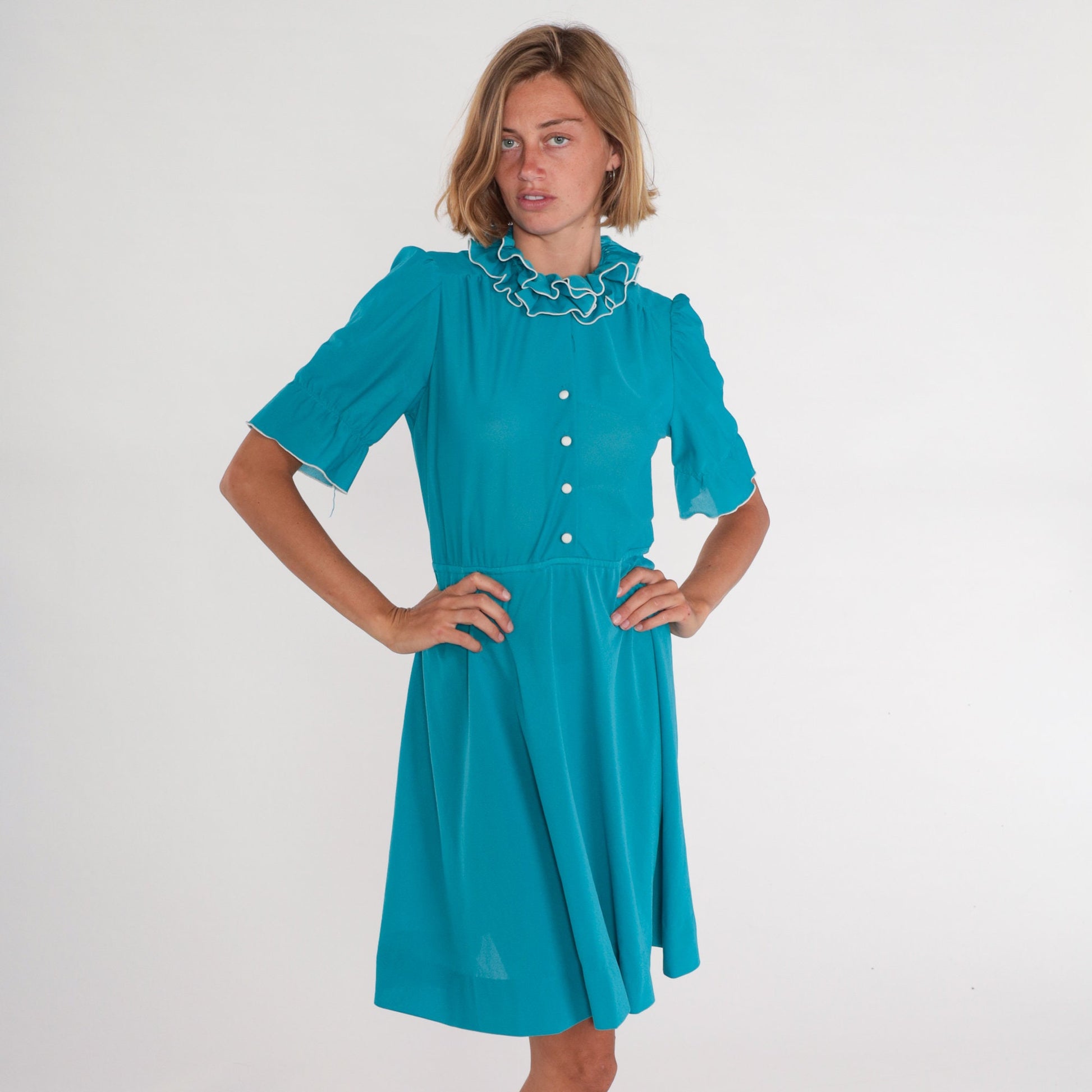 70s Teal Shirtwaist Mini Dress High Ruffle Collar Button-Up Medium M