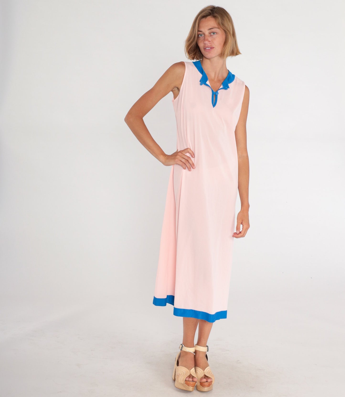 70s Pink Midi Dress Blue Trim Sleeveless Button-Up Column Large L