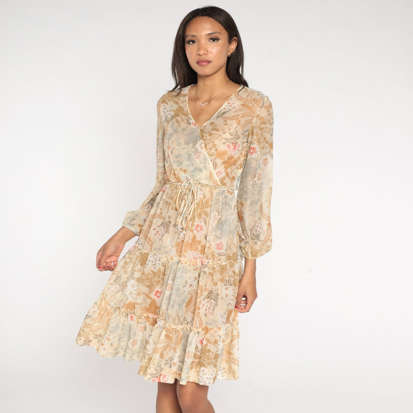 70s Sheer Floral Midi Dress Faux Wrap V Neck Tiered Long Sleeve Cream Small