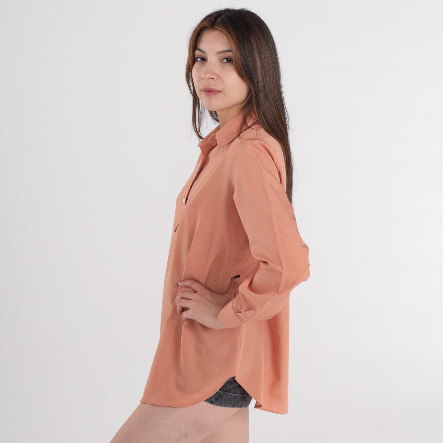 80s Salmon Collared Blouse Half-Button Long Sleeve Tunic Top Medium