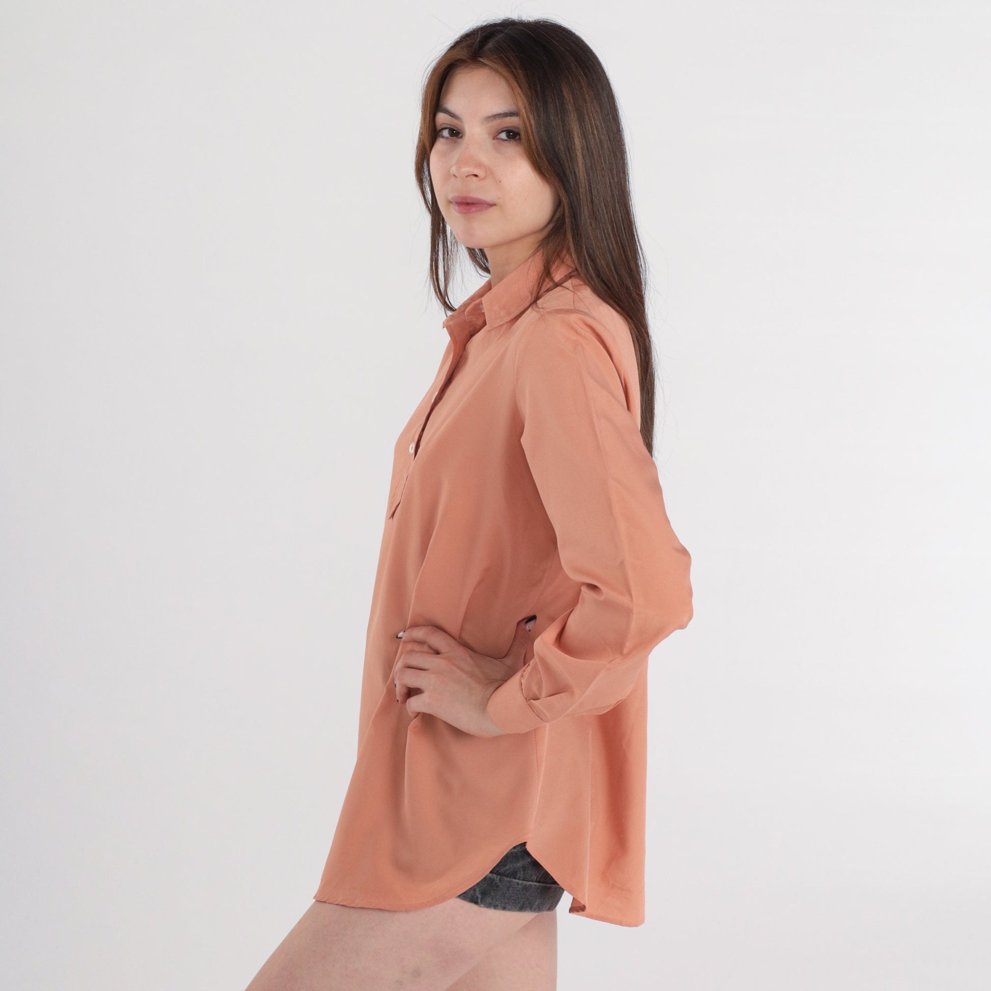 80s Salmon Collared Blouse Half-Button Long Sleeve Tunic Top Medium