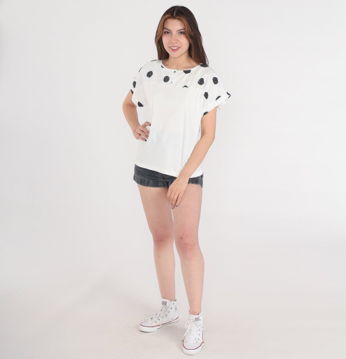 90s Polka Dot Henley Shirt White Black Short Sleeve Button Tee Medium