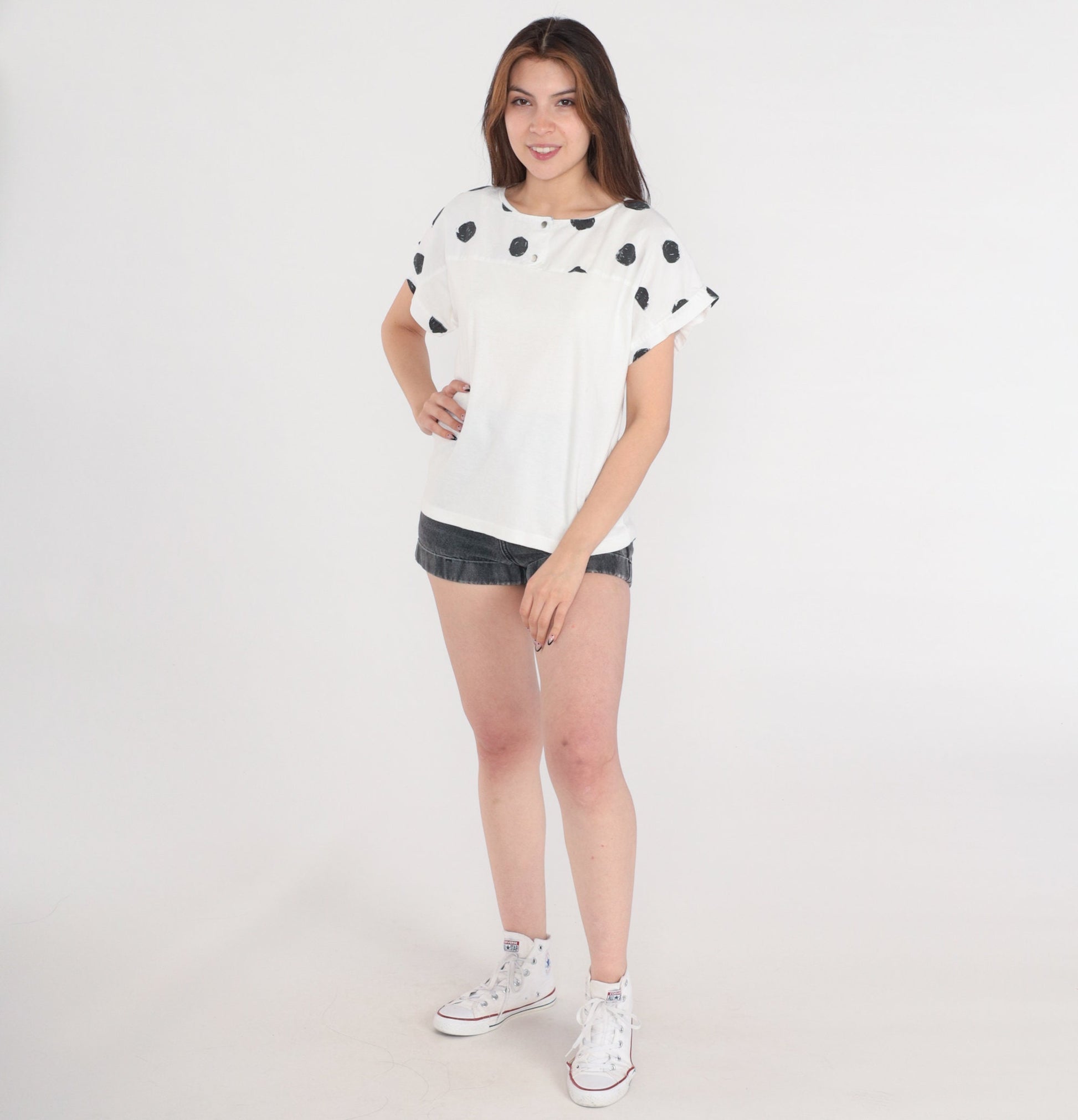 90s Polka Dot Henley Shirt White Black Short Sleeve Button Tee Medium