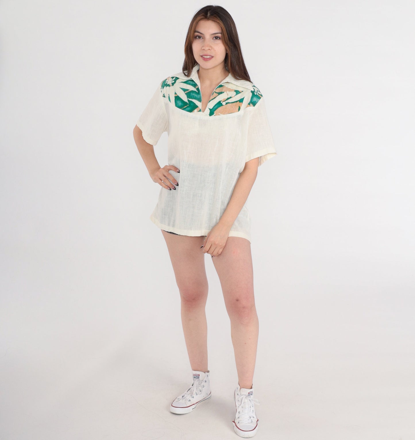 90s Ocean Pacific Abstract Print Polo Shirt Cream Collared Medium