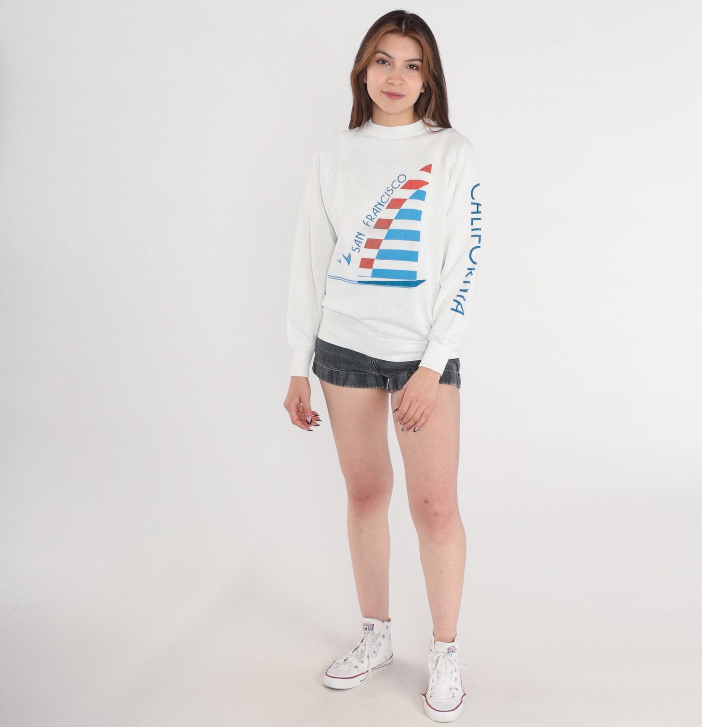 80s San Francisco California Sailboat Graphic Sweatshirt White Raglan Small