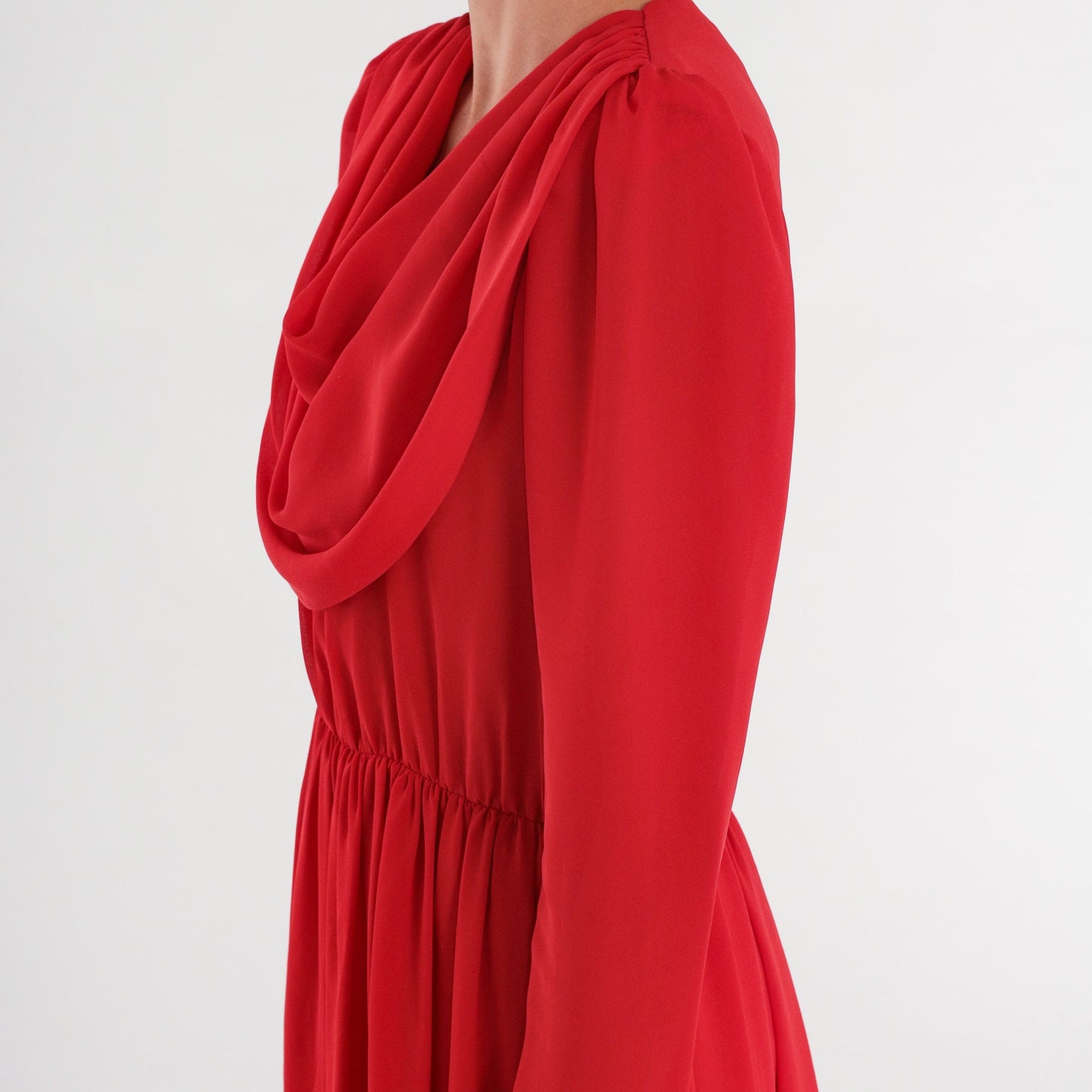 70s Red Disco Midi Dress Draped Cowl Neck Puff Sleeve High Waist Medium