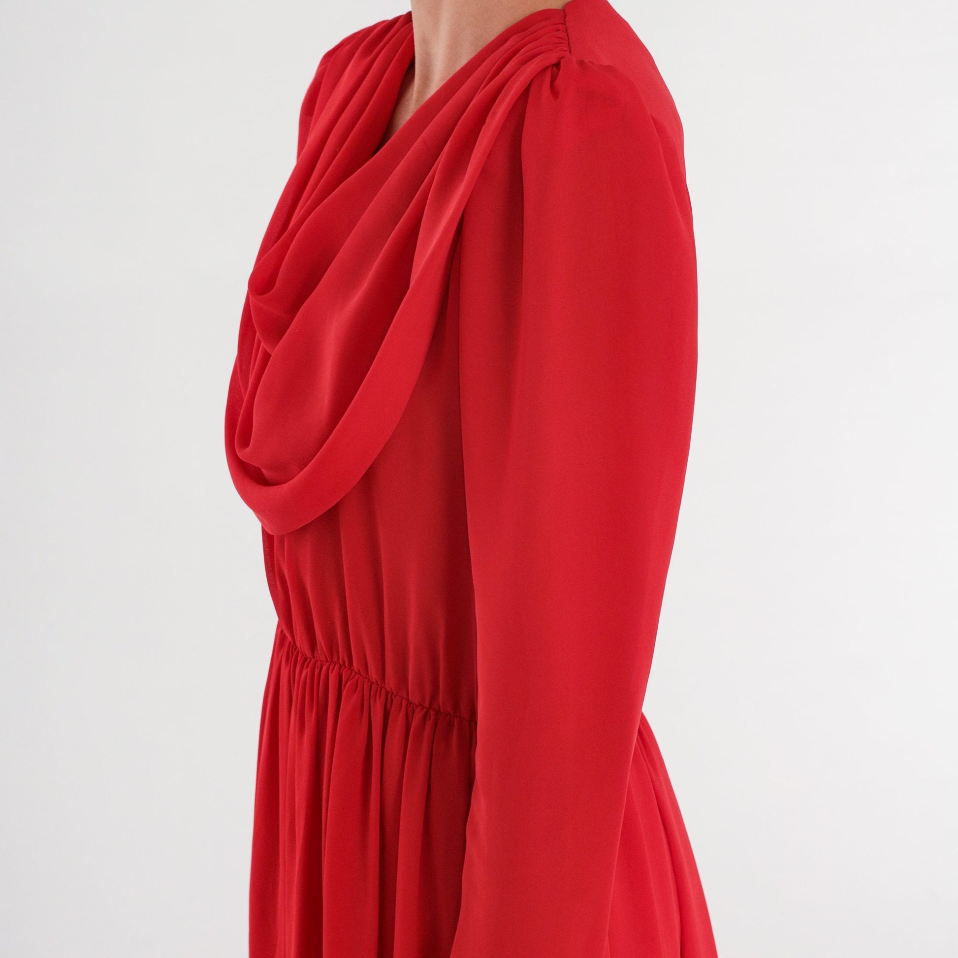 70s Red Disco Midi Dress Draped Cowl Neck Puff Sleeve High Waist Medium