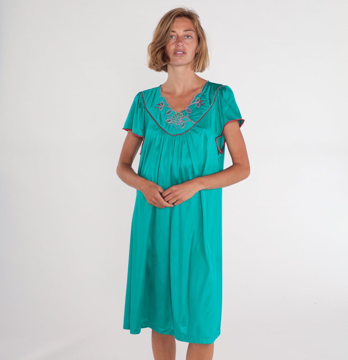 80s Green Floral Embroidered Nightgown Tent Cut Midi Short Sleeve Large L