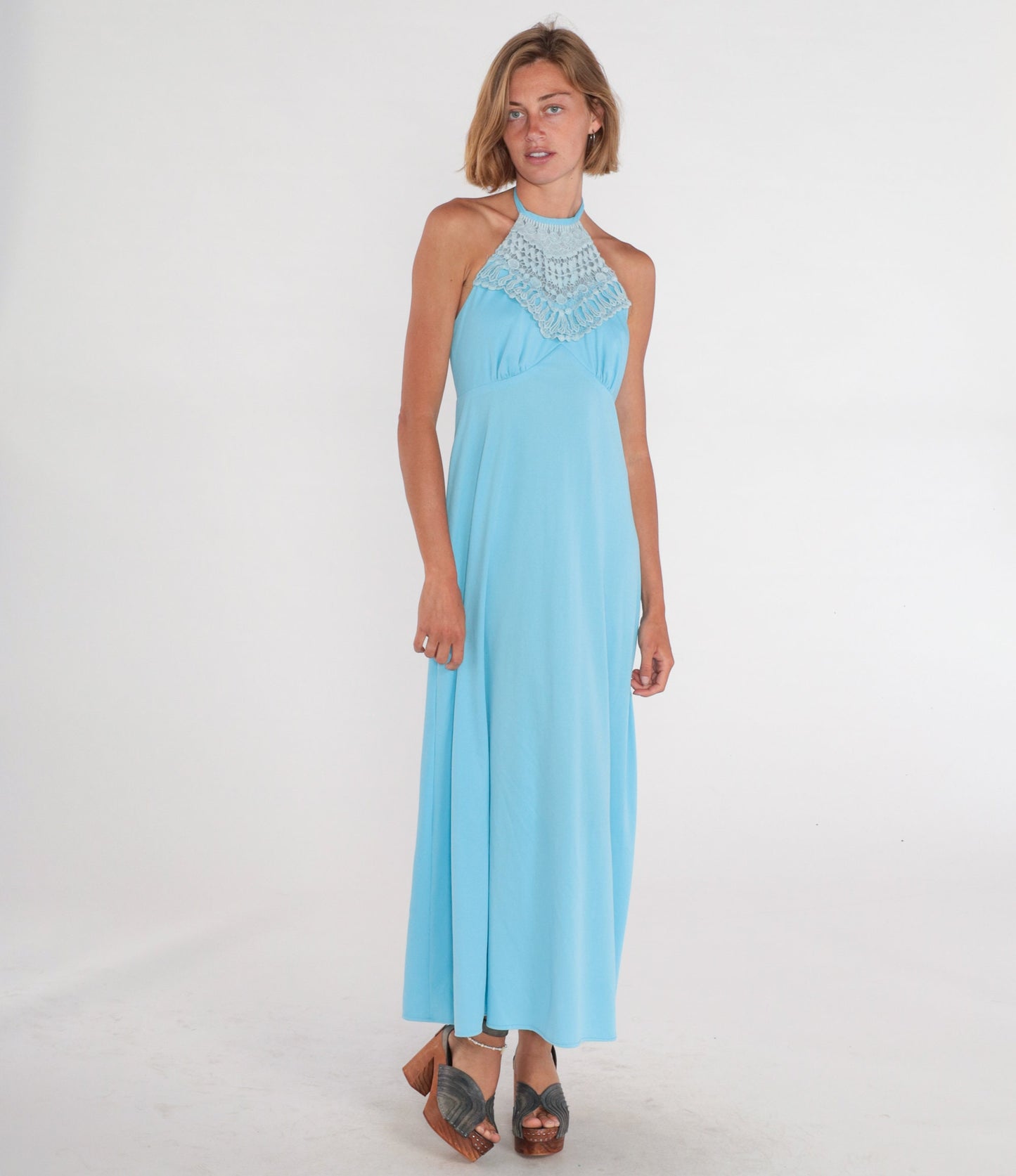 70s Blue Maxi Dress Halter Crochet Trim Open Back Empire Waist Small