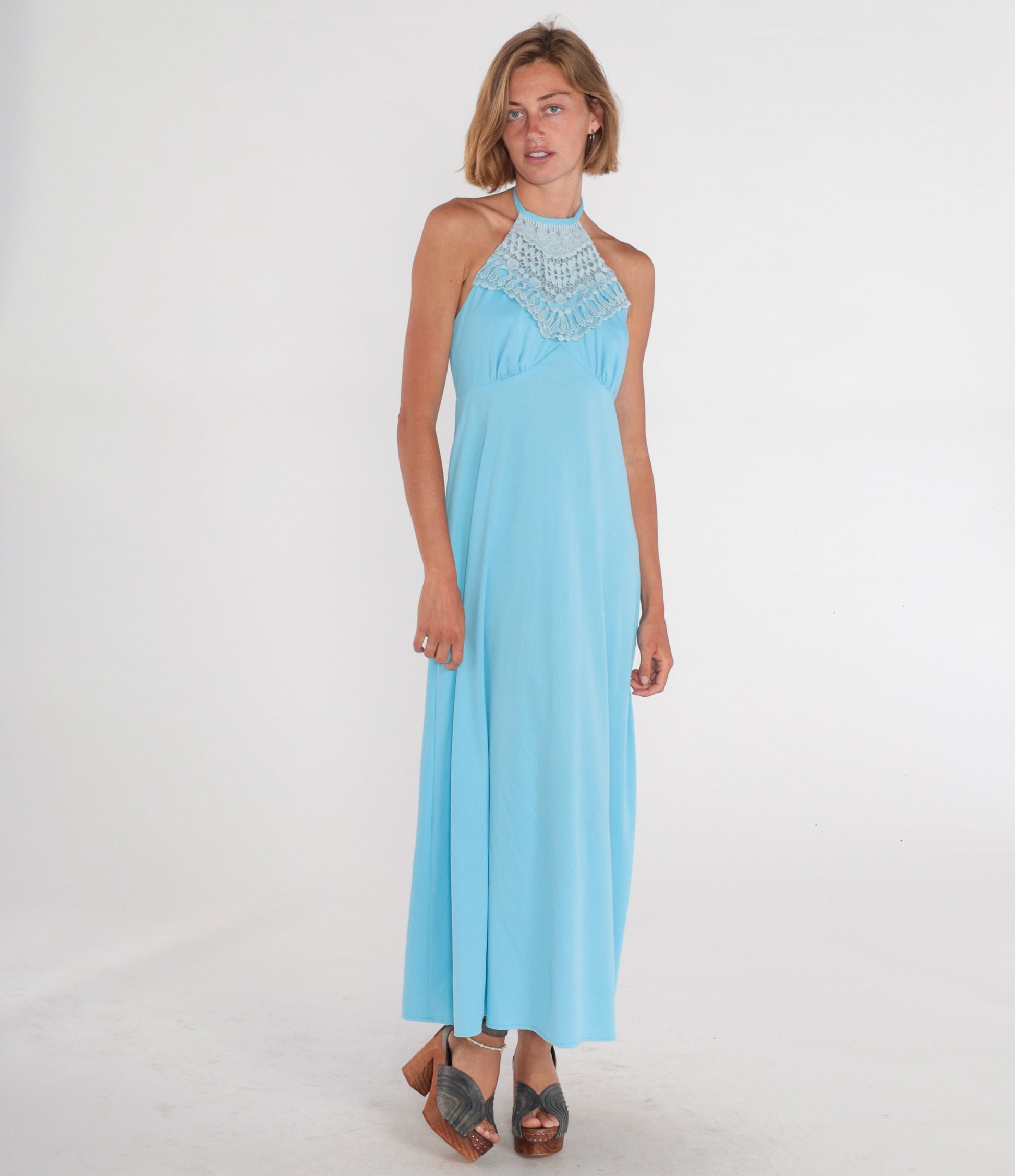 70s Blue Maxi Dress Halter Crochet Trim Open Back Empire Waist Small