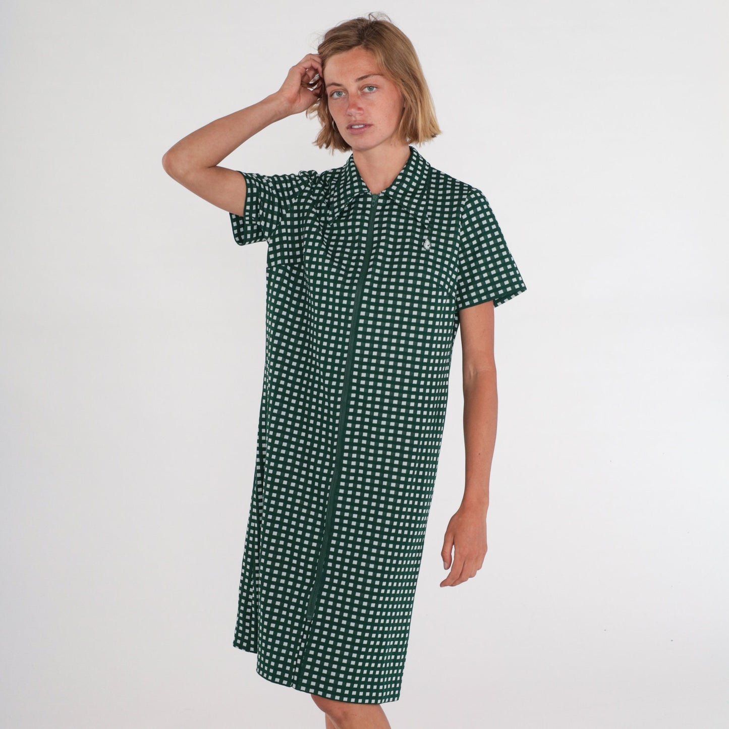 70s Mod Checkered Shift Dress Green White Dagger Collar Zip Front Knee Length Large L