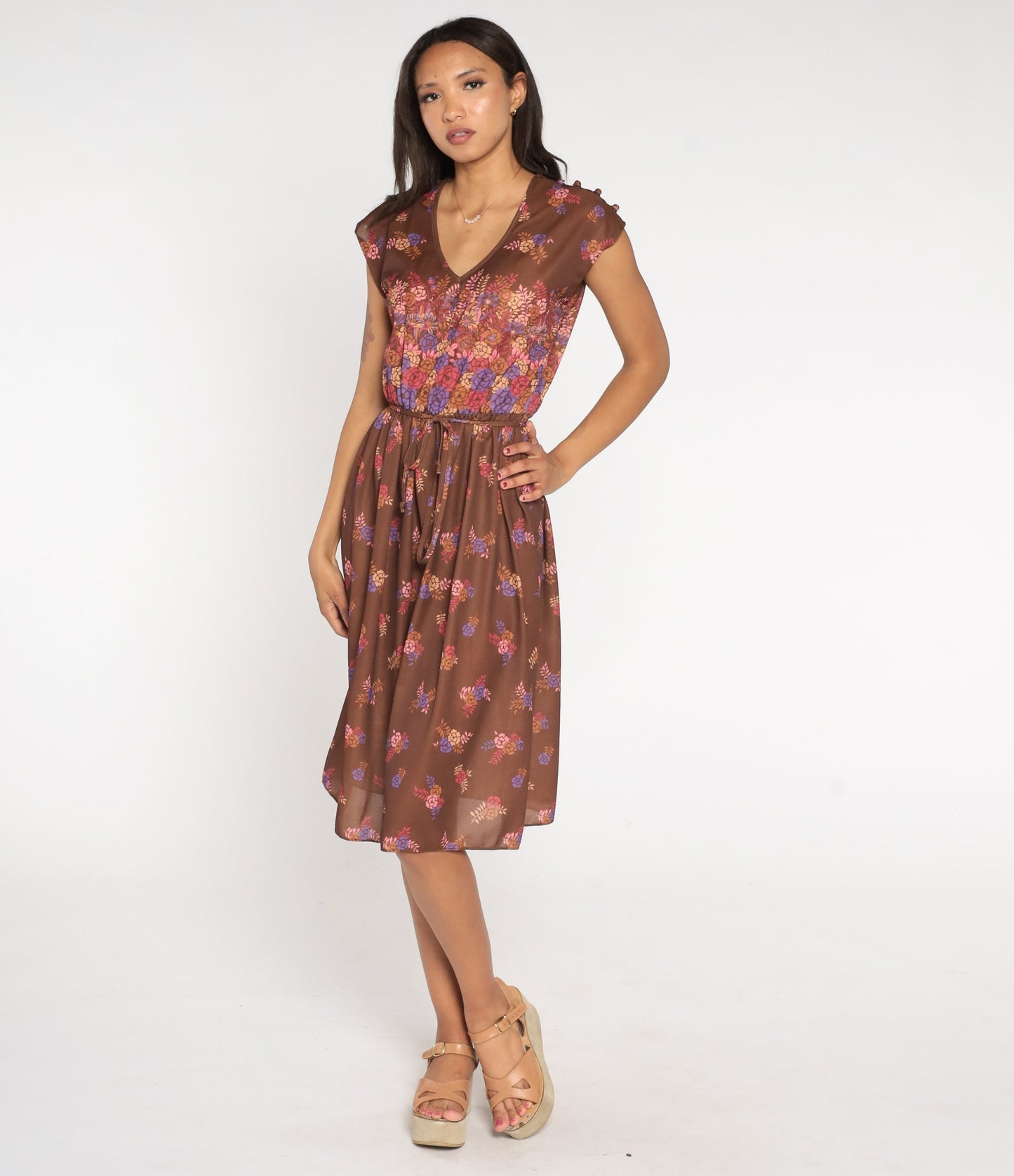 70s Floral Midi Dress Brown Semi-Sheer Deep V Neck Cap Sleeve High Waist Medium