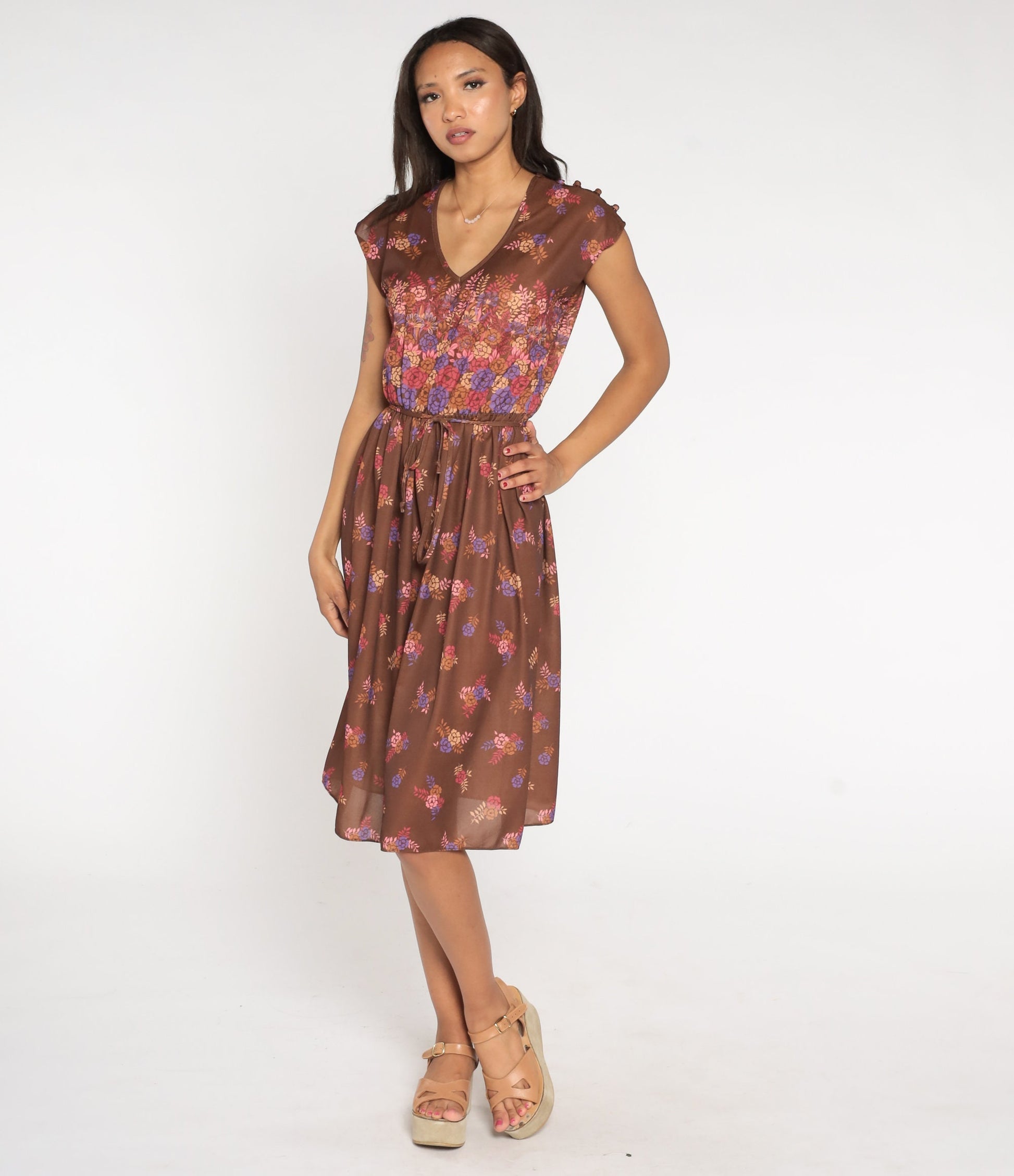 70s Floral Midi Dress Brown Semi-Sheer Deep V Neck Cap Sleeve High Waist Medium
