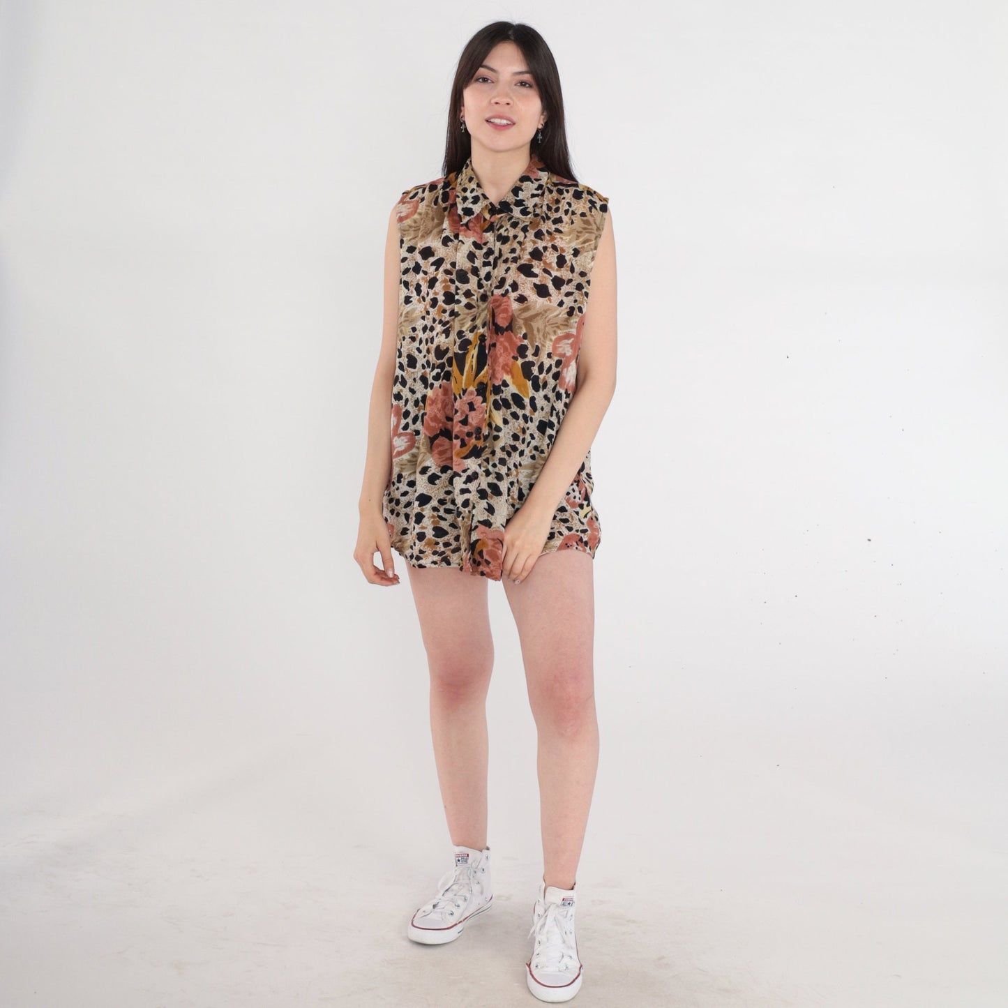90s Leopard & Tropical Leaf Print Sleeveless Blouse Brown Rayon Medium