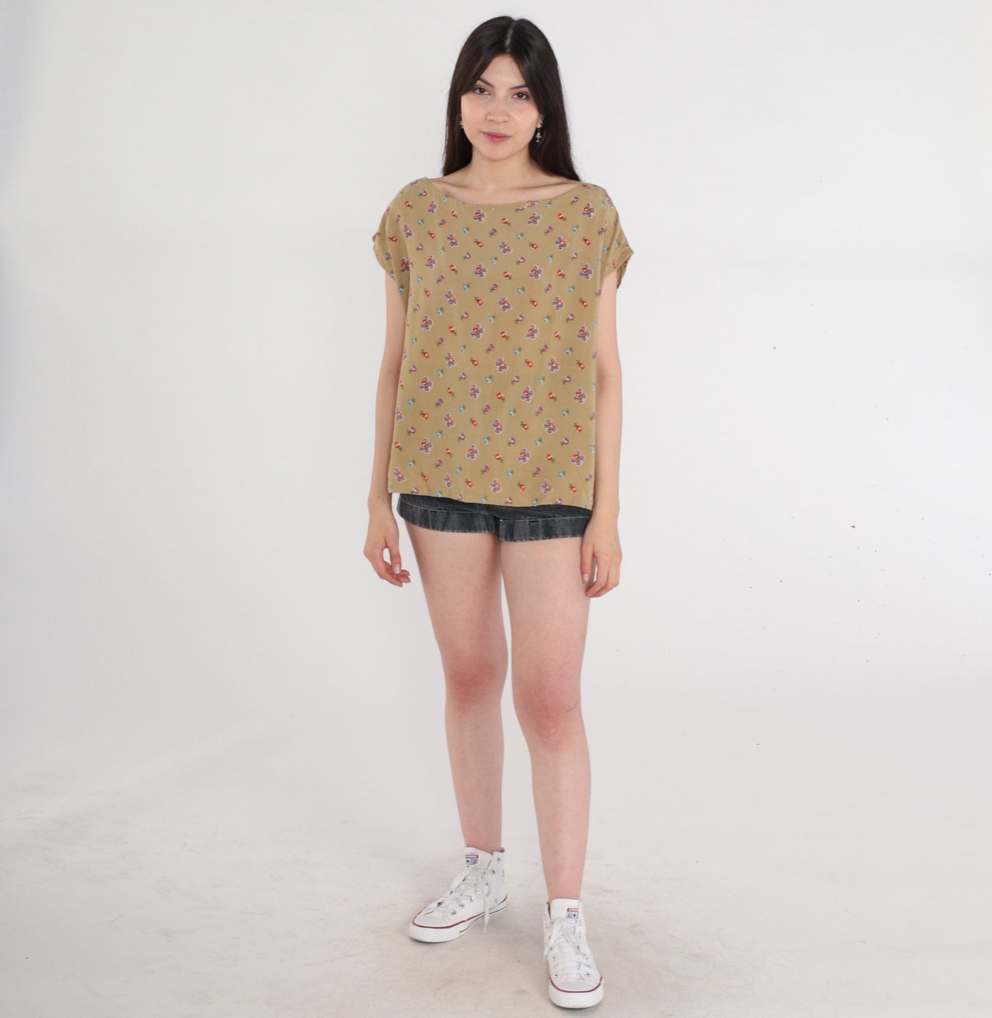 80s Floral Cap Sleeve Blouse Taupe Rayon Flower Print Top Large L