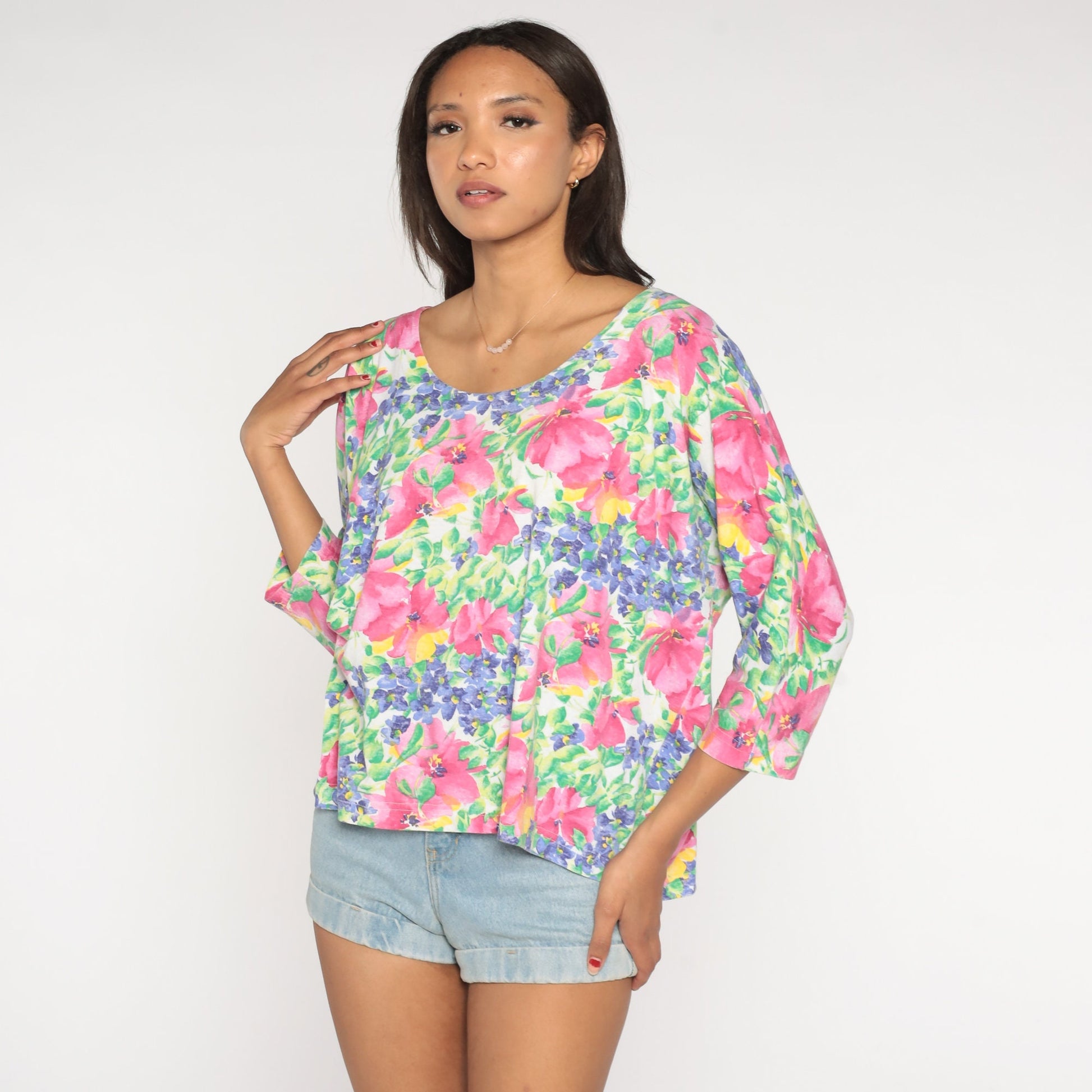 90s Floral Long Sleeve Shirt Flower Print Cotton Blend Women's 14/16