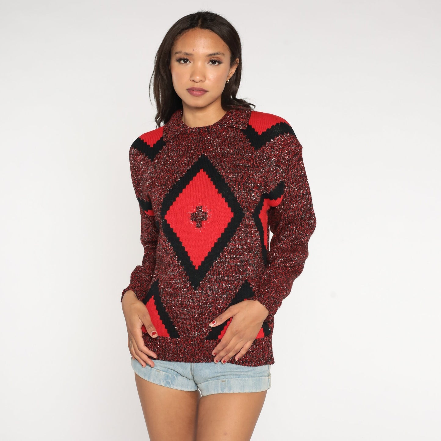 80s Metallic Red Diamond Jacquard Knit Sweater Collared Pullover Small S