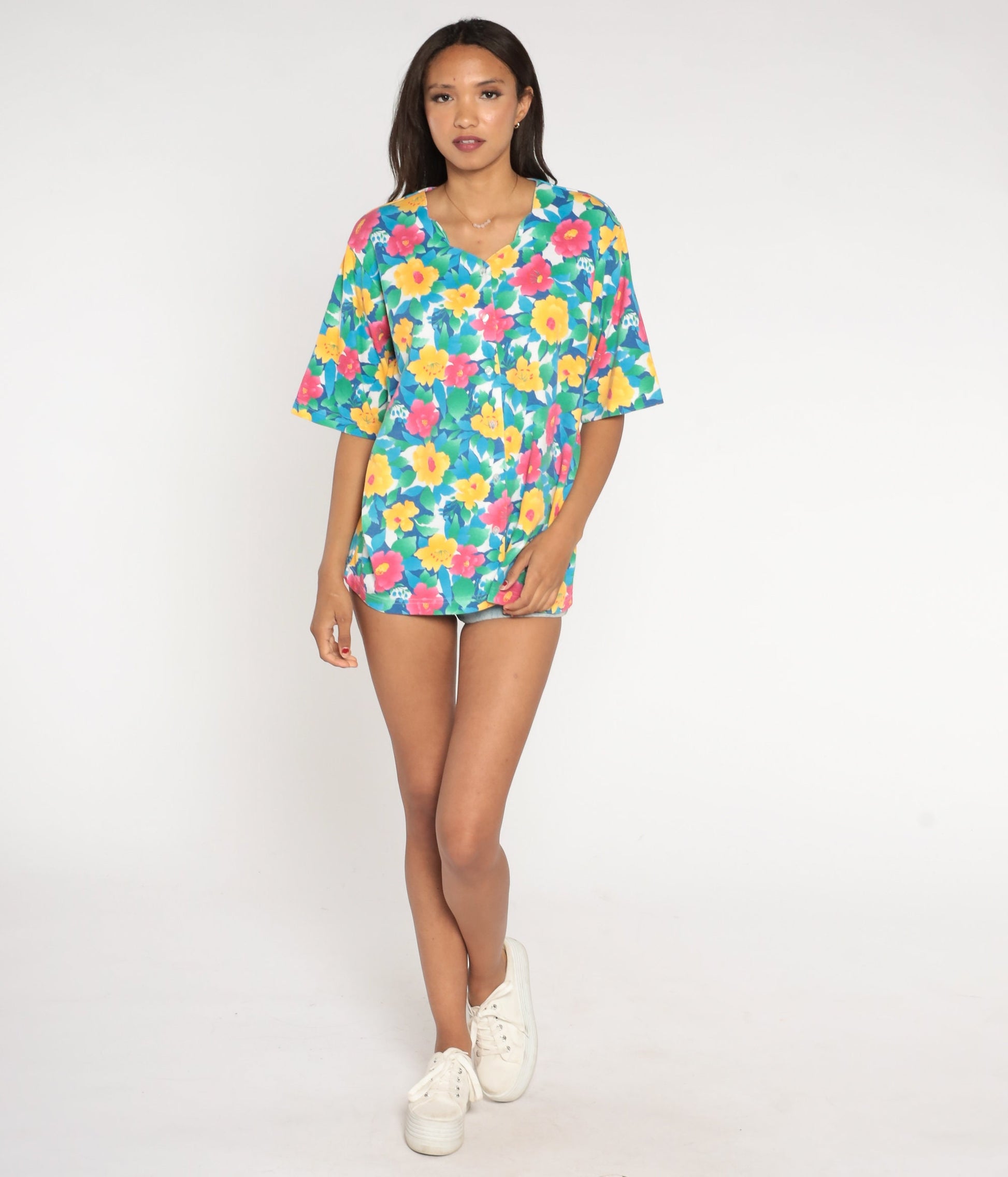 90s Floral Button Up Blouse Scalloped Neckline Short Sleeve Pink Yellow Blue Large L