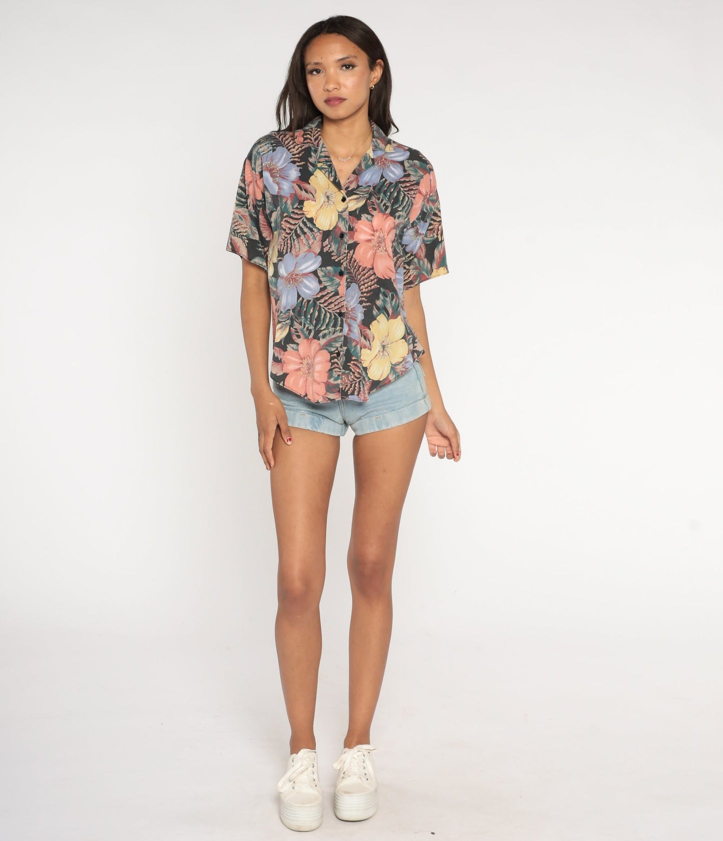 90s Tropical Floral Button-Up Blouse Short Sleeve Purple Yellow Orange Green Medium Large