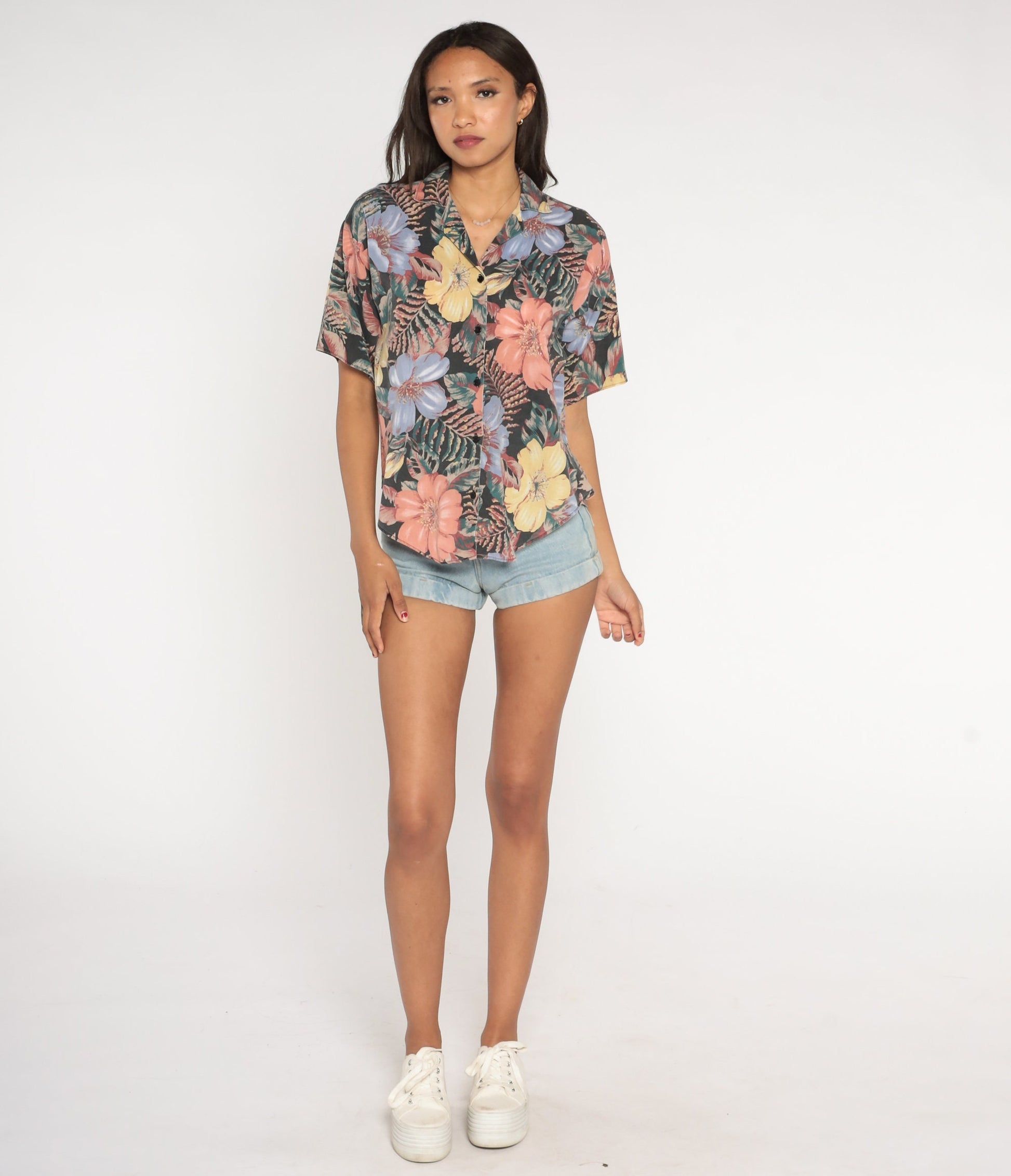 90s Tropical Floral Button-Up Blouse Short Sleeve Purple Yellow Orange Green Medium Large