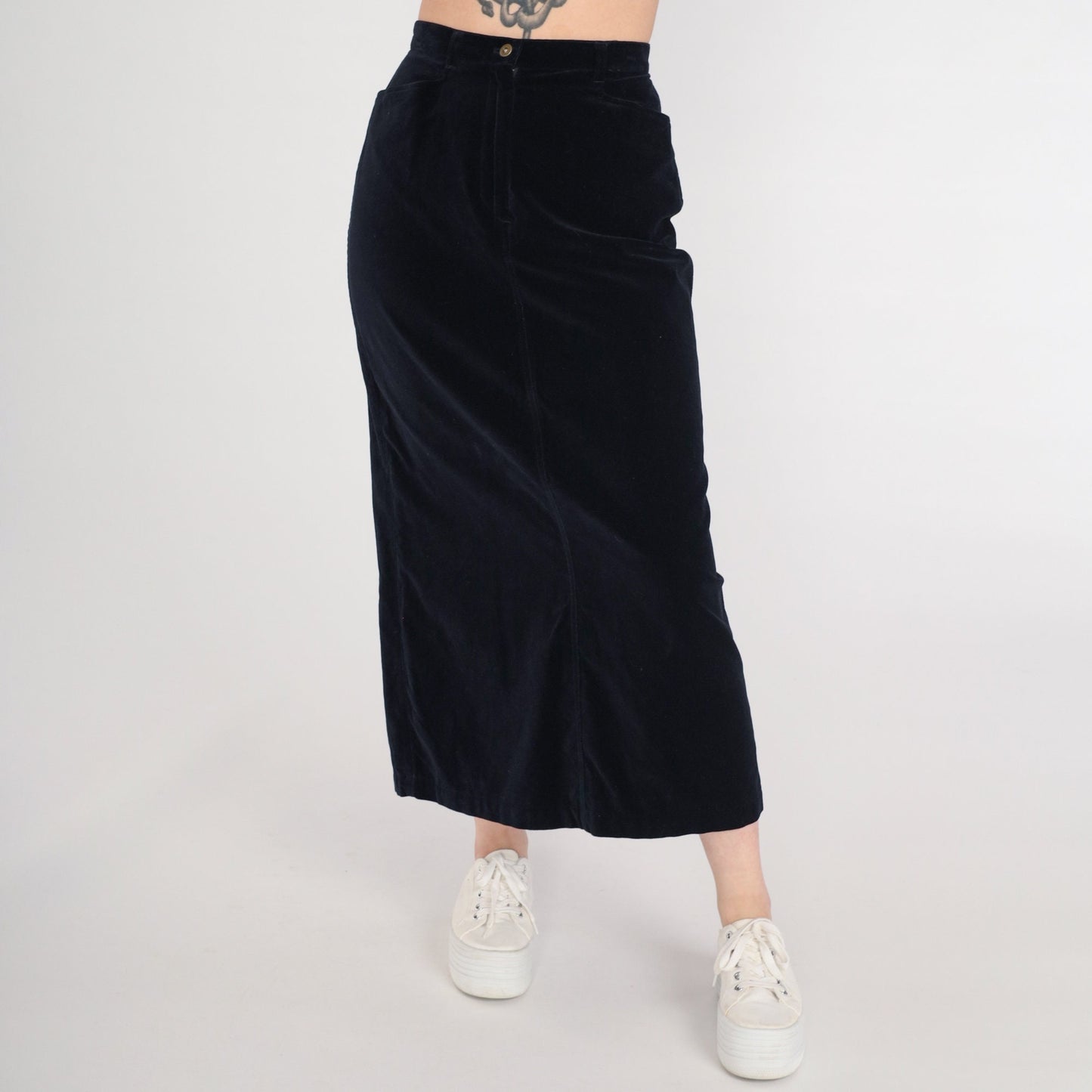 90s Black Velvet Maxi Pencil Skirt High Waist Rear Slit Small 4