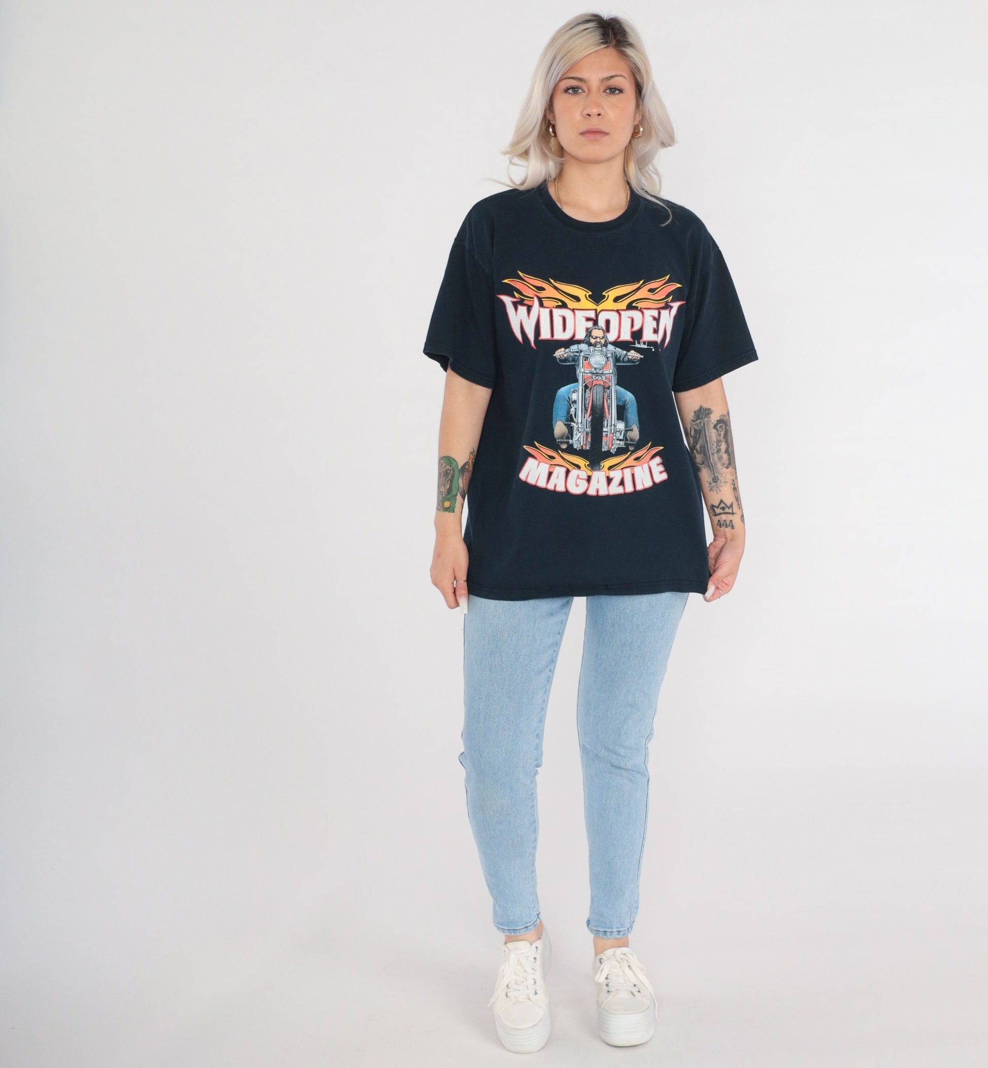 00s Wide Open Magazine Biker Graphic T-Shirt Black Flames Motorcycle Tee Large L