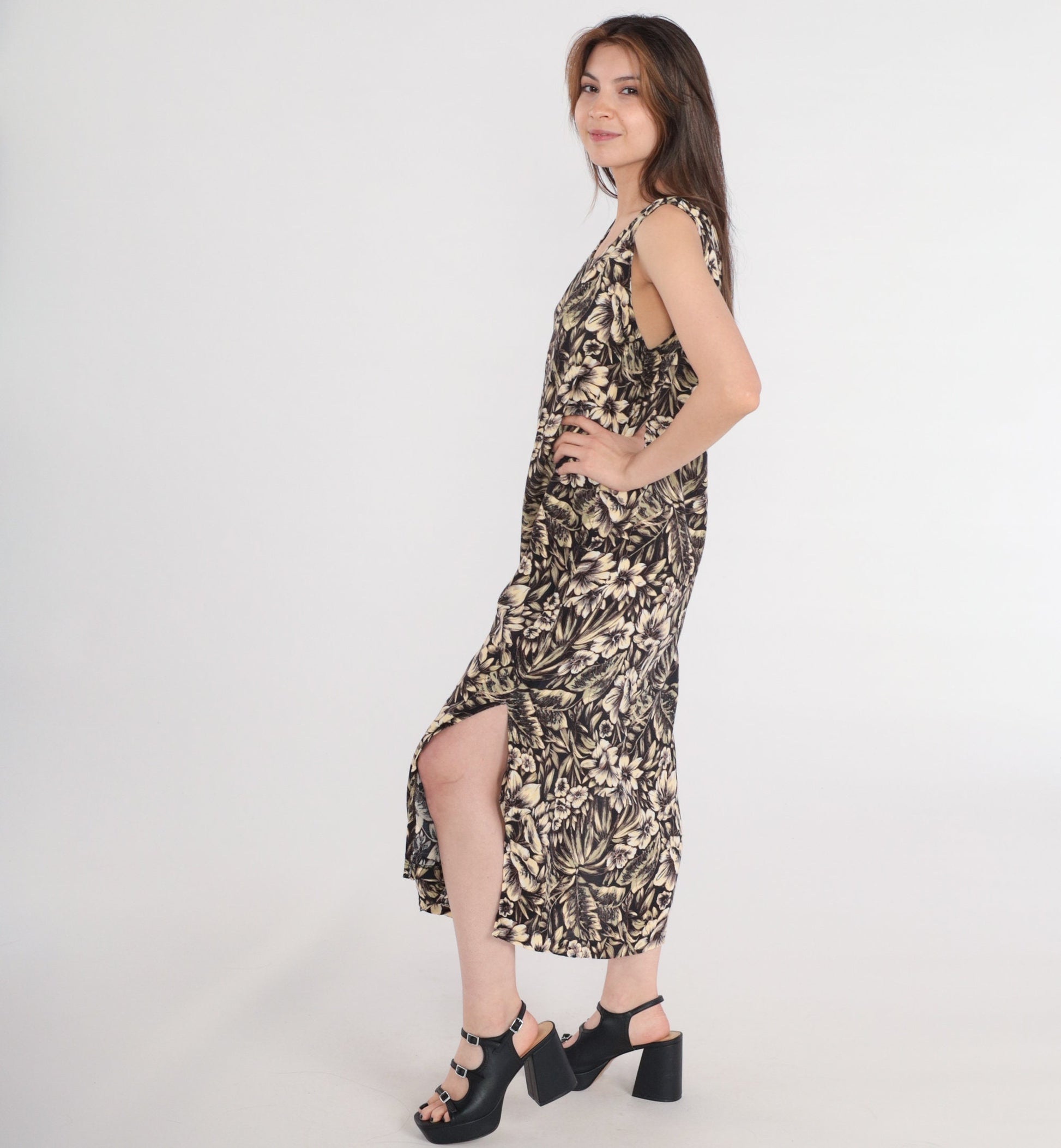90s Black Floral Midi Dress Tropical Hibiscus Leaf Print Sleeveless Medium M